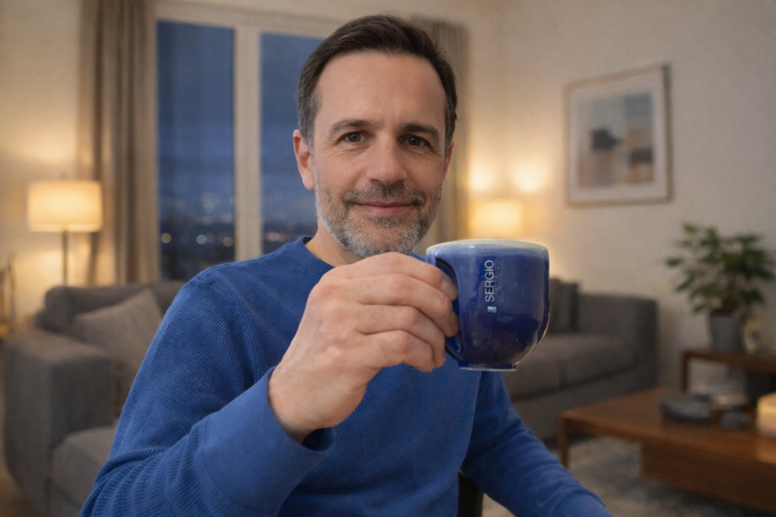 A man with dark hair and a beard smiling and holding a blue mug, sitting in a living room with lamps, a window, a gray sofa, and framed artwork.