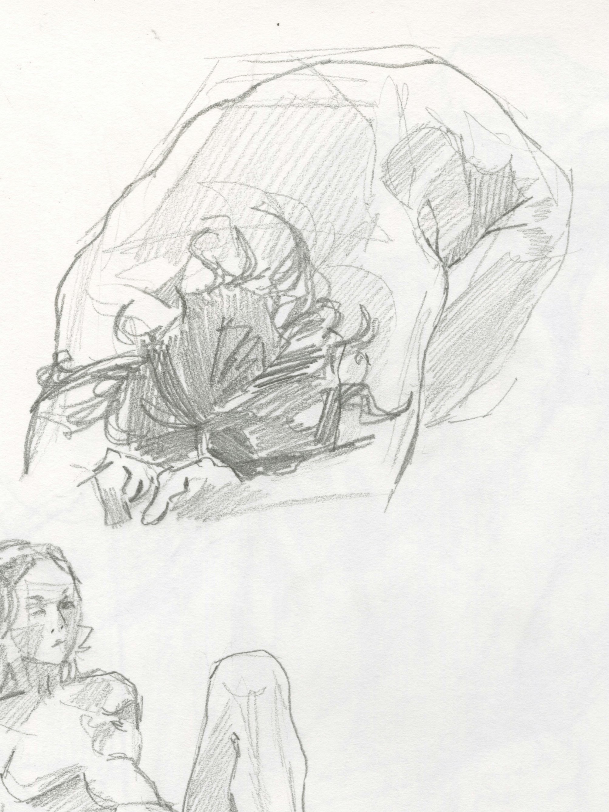 A pencil sketch of a person lying down, with another person with long hair and a muscular arm visible in the bottom left, and a small figure resembling a headless statue or sculpture in the middle bottom of the drawing.