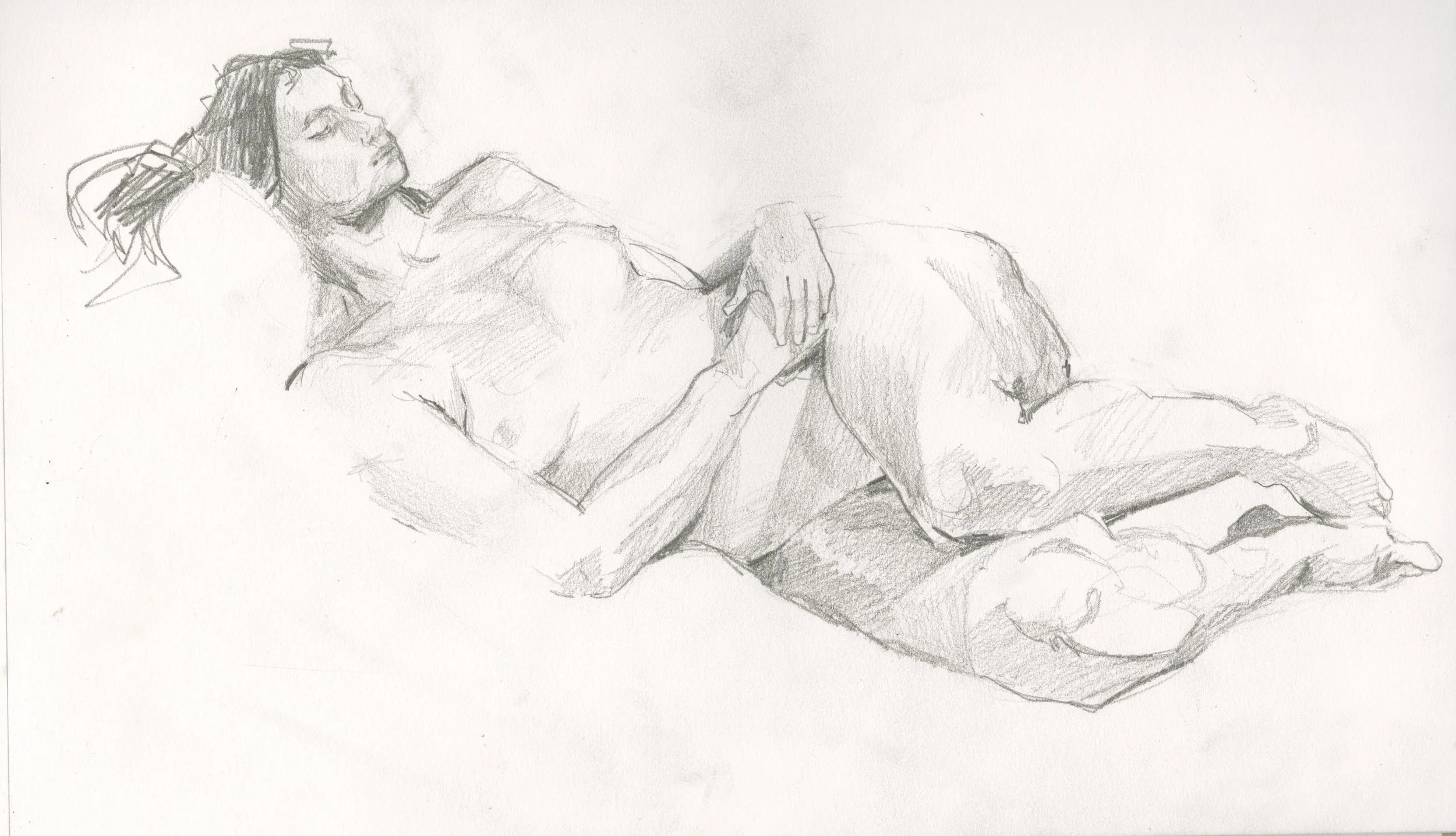 A detailed pencil sketch of a woman lying on her side with her eyes closed, one hand resting on her thigh, and her hair spread out behind her head.