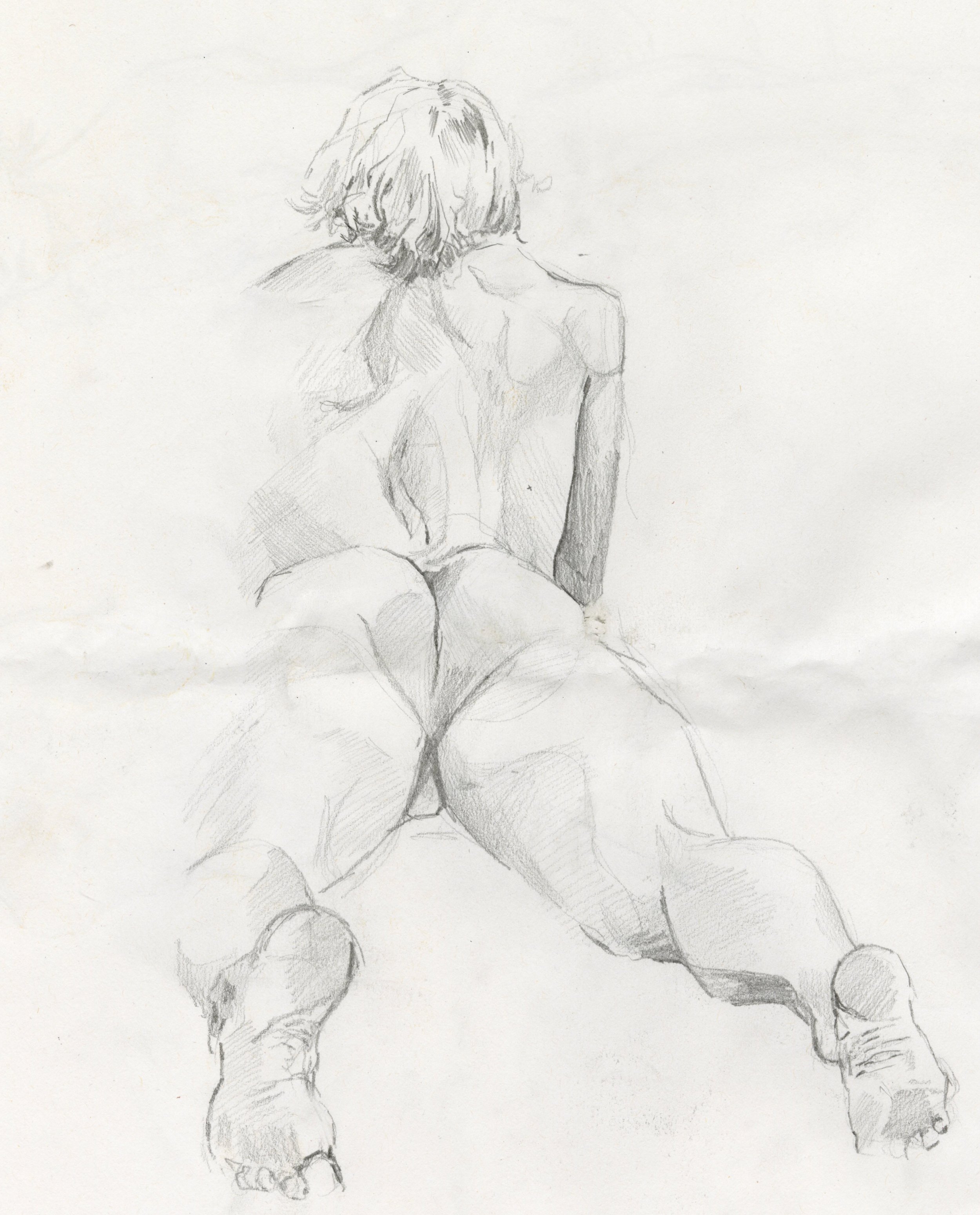 A pencil sketch of a nude person sitting on the ground with legs apart, viewed from behind and slightly above, with shoulder-length hair.