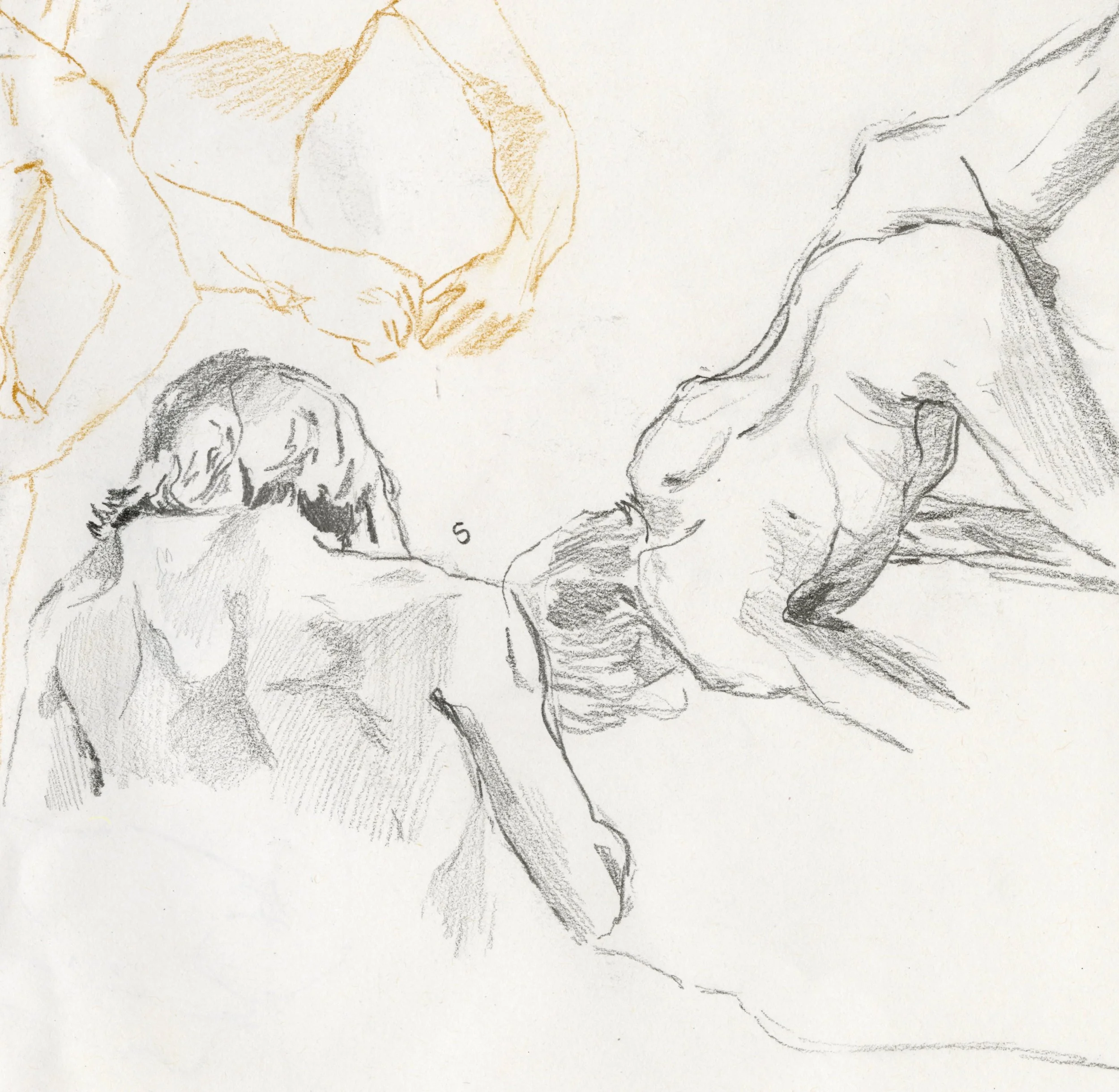 Sketch of multiple human figures in various poses, rendered in pencil with some lines in gold, showing back and side views, with detailed muscle and hair contours.