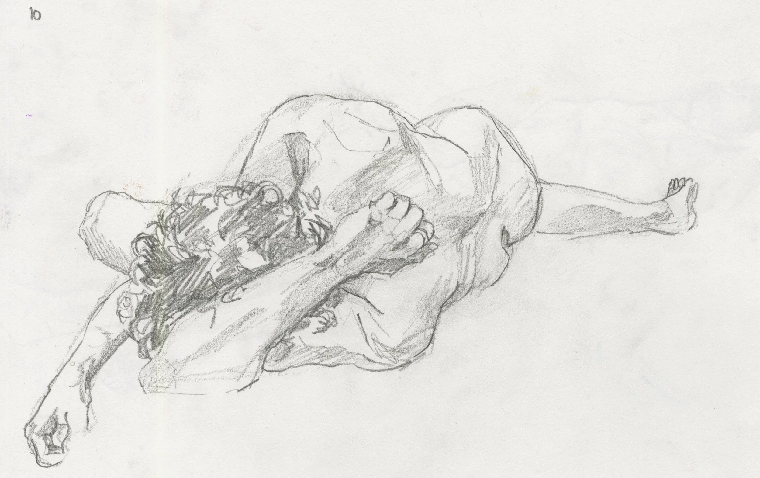 A pencil sketch of a person lying on their side with their head resting in their hand, in a relaxed pose.