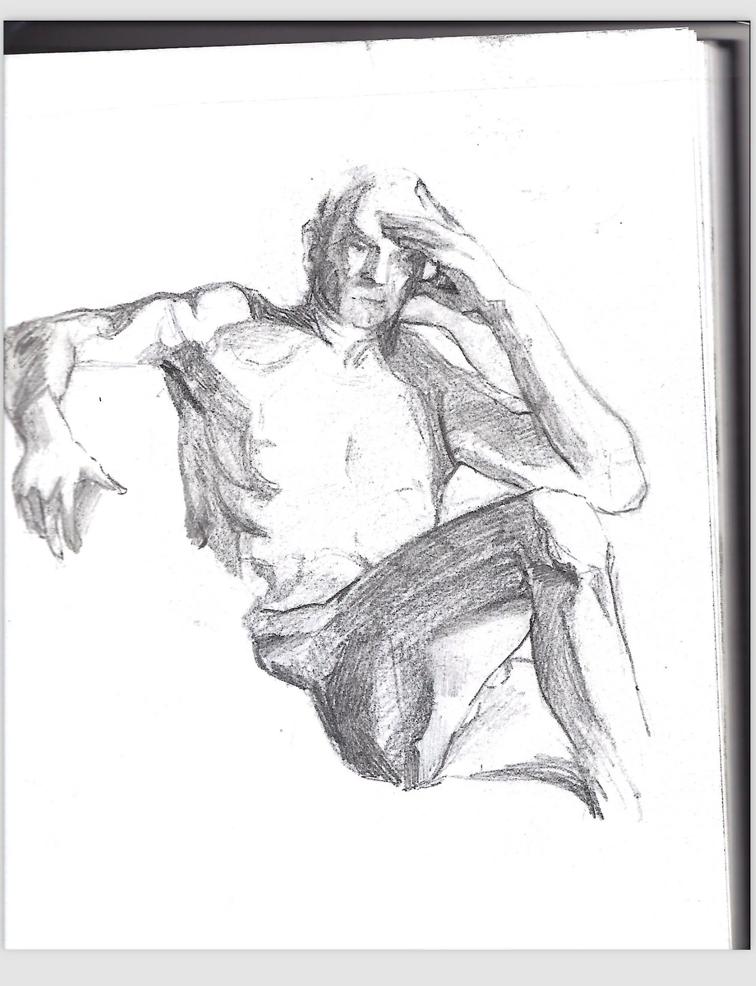 A detailed pencil sketch of a shirtless man sitting with one arm resting on his knee and the other hand touching his forehead, displaying muscular physique and expressive face.