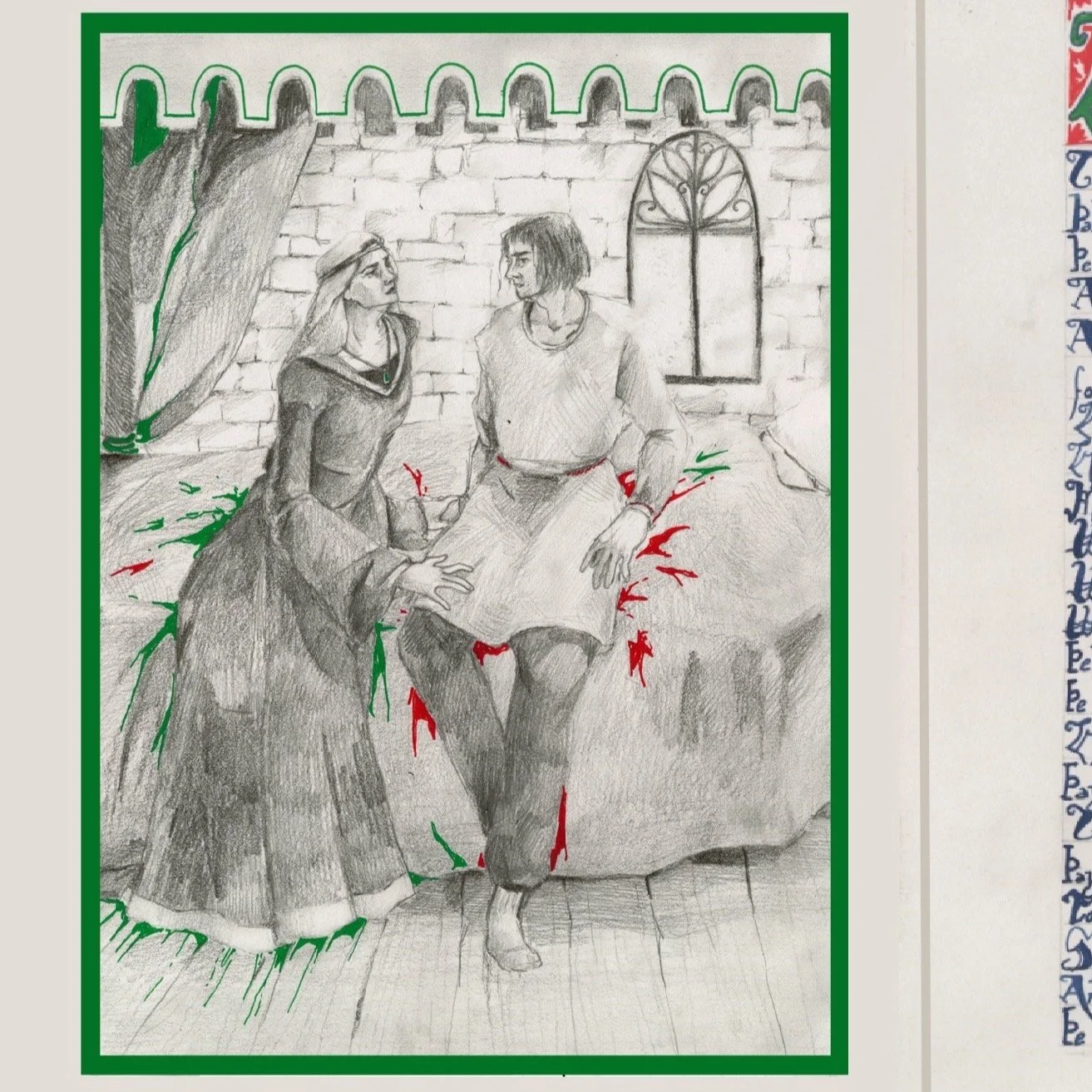 A pencil drawing of two women sitting on a bed, one dressed as a nurse and the other as a patient with bandages and blood, inside a room with a brick wall and a window, with red and green splatters around them.