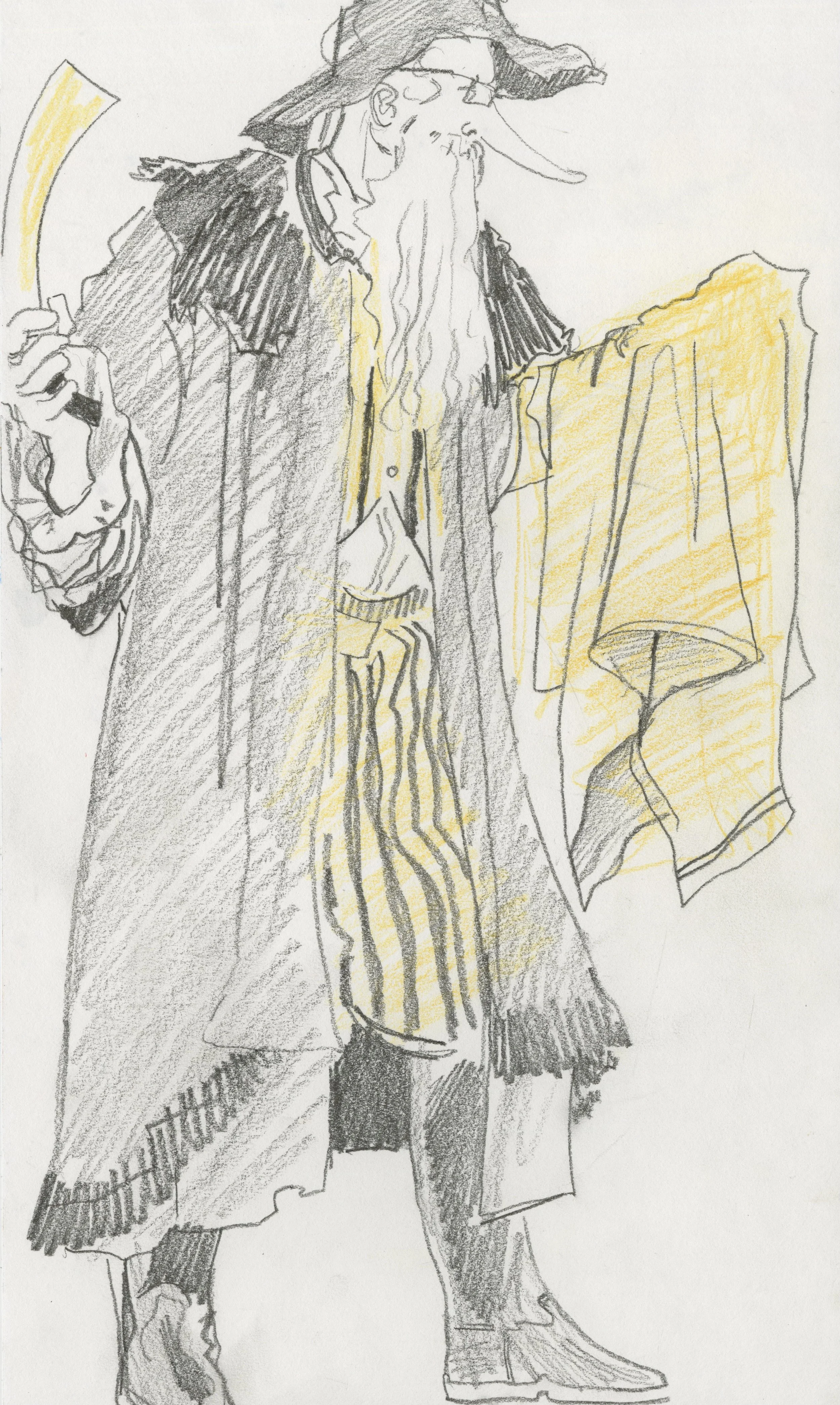 Hand-drawn sketch of a man dressed as a wizard with a long beard, wearing a wide-brimmed hat, a long coat, striped pants, and holding a book in one hand and a staff with a yellow cloth draped over the table.