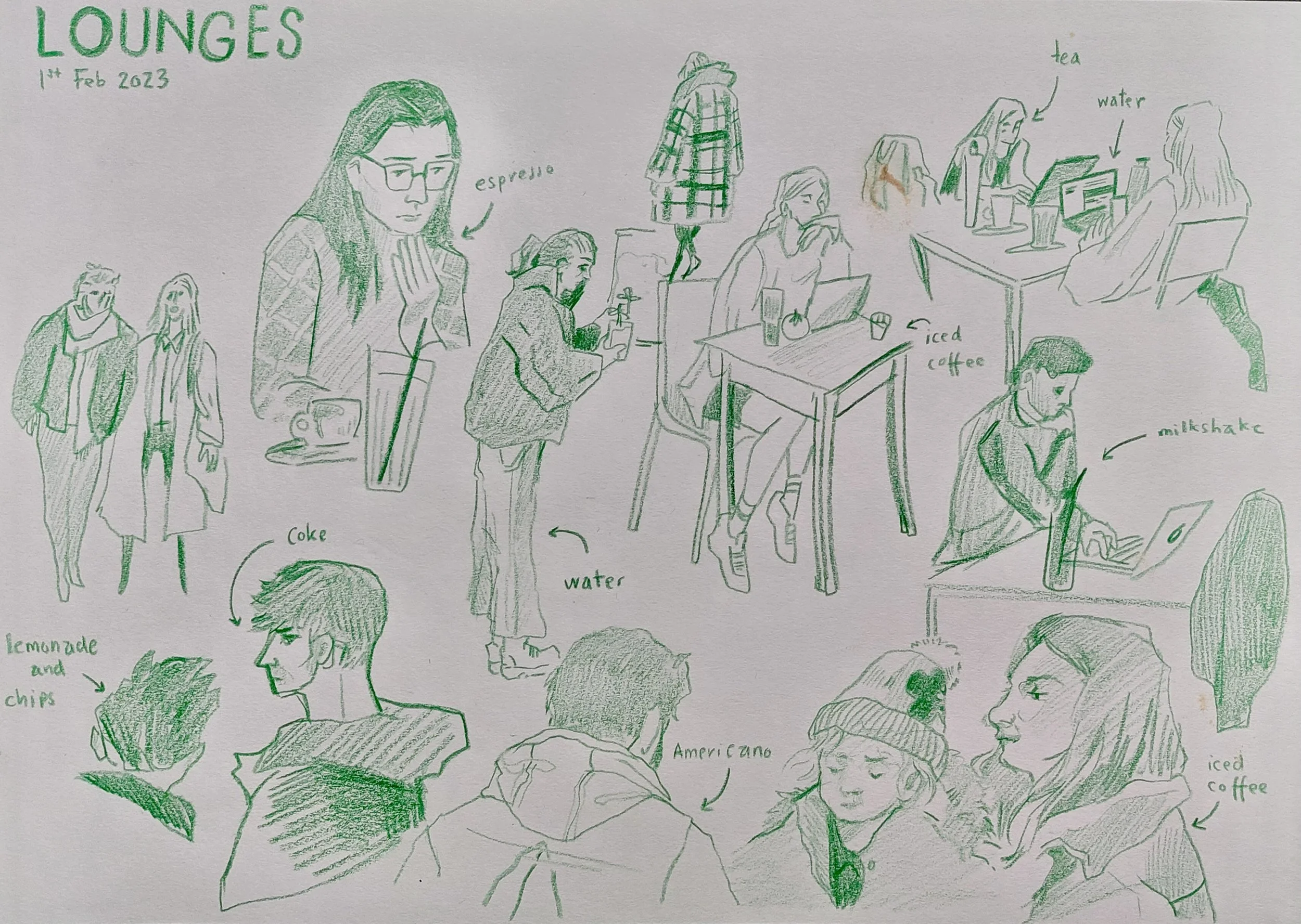Hand-drawn sketch of a cafe scene labeled "Lounges," dated February 1, 2023. The sketch depicts several people seated at tables with drinks and laptops, with notes pointing to specific items such as espresso, iced coffee, milkshake, water, lemonade and chips. There are also figures standing or walking, and two people drawn in profile. The drawing uses green ink for labels and outlines, with some brown shading.