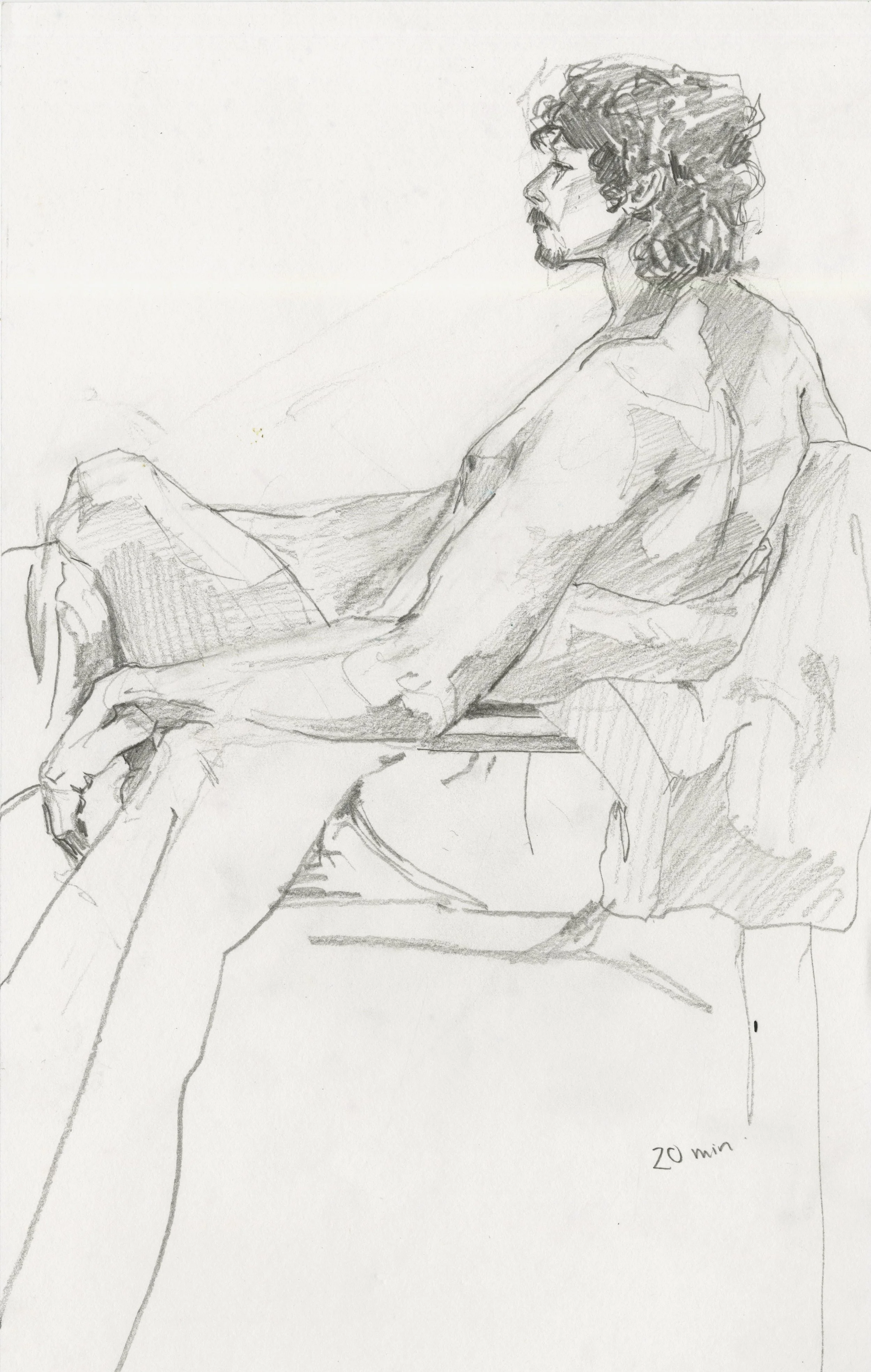 A detailed pencil sketch of a man with long, wavy hair and a goatee, sitting with crossed legs and relaxed posture, looking to the right, with a handwritten note reading '20 min' nearby.