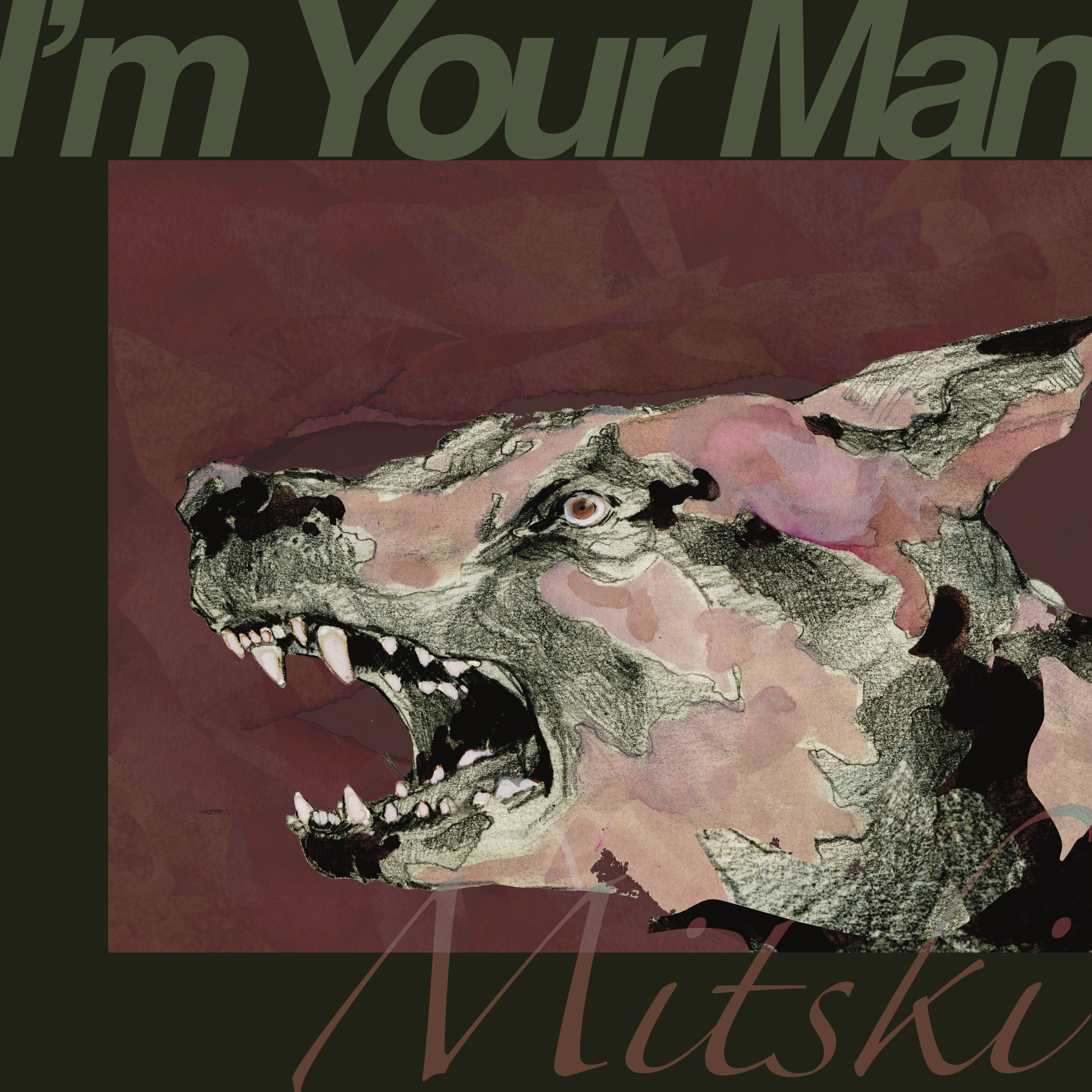 Illustration of a fierce dinosaur with an open mouth, sharp teeth, and a partially human eye, set against a dark, textured background with the text 'I'm Your Man' and 'Mitski' above and below the creature.