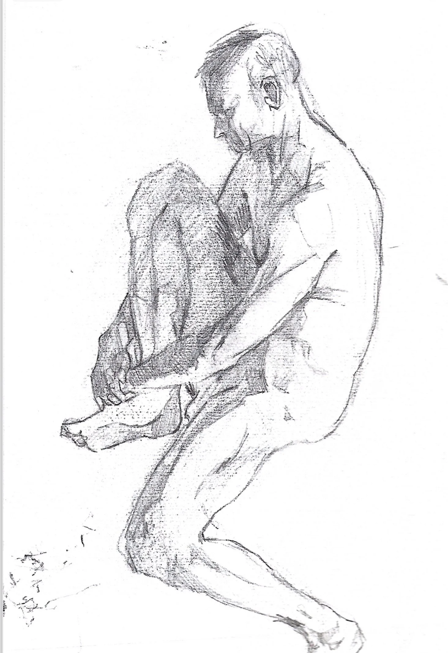 A pencil sketch of a muscular man sitting with one leg bent and the other extended, looking downward with his arms resting on his knee.
