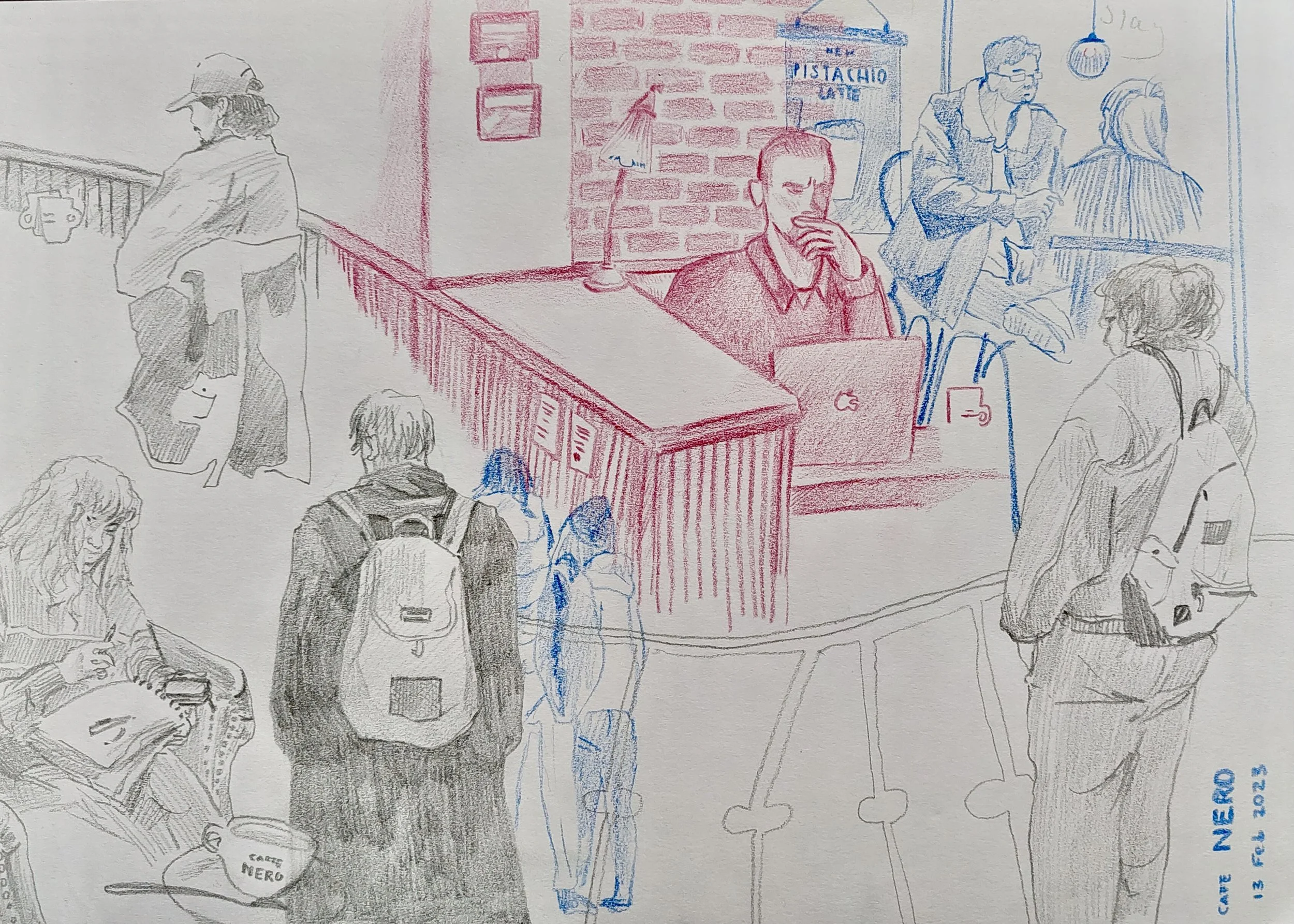 A black, red, and blue sketch of a busy coffee shop with customers waiting in line and sitting at tables, and baristas behind the counter. One customer is looking at their phone, another is carrying a backpack, and staff are working behind the counter with a sign reading "Pistachio Latte."