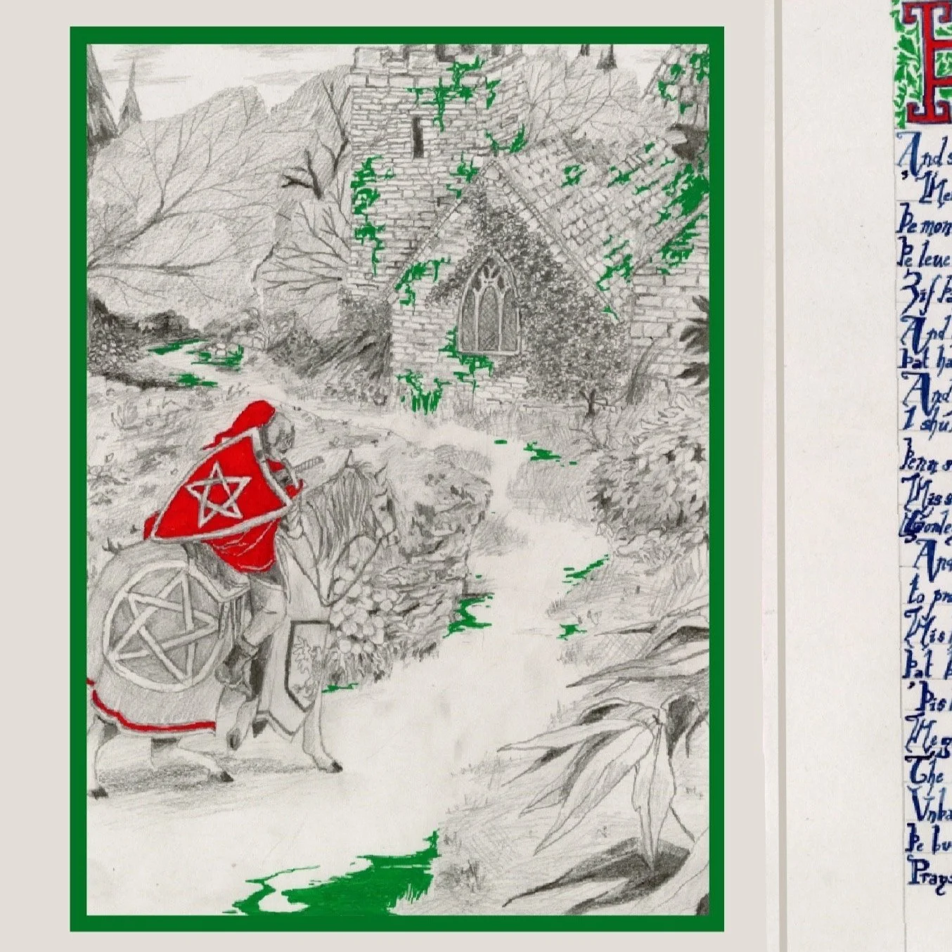 A black and white drawing of a medieval scene with a rider on horseback wearing a red cloak with a white five-pointed star and triangle symbols, approaching a stone church or castle with ivy climbing the walls. The scene includes trees, rocks, and a stream.