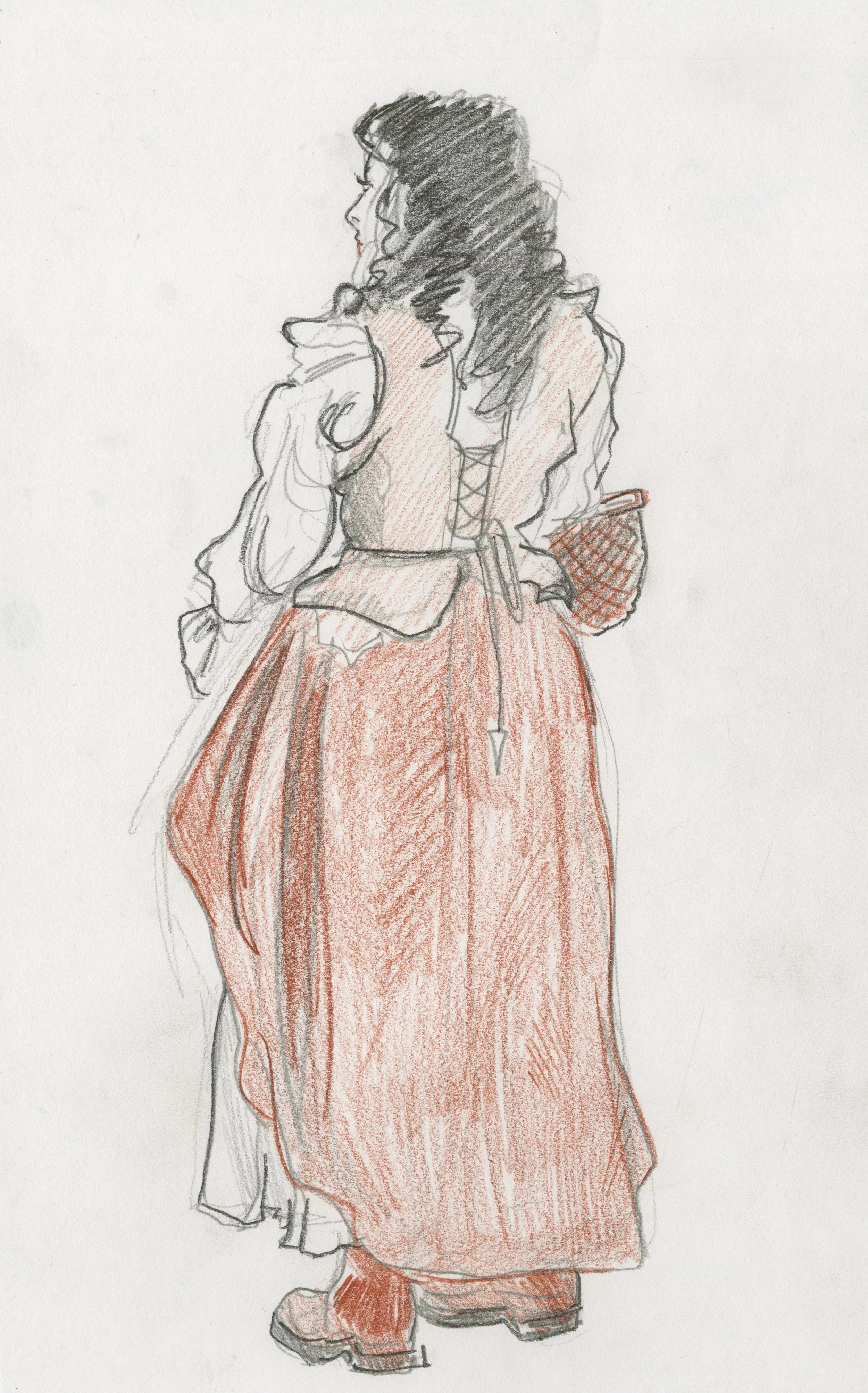 A hand-drawn sketch of a woman in a traditional or historical outfit, with dark, curly hair wearing a long skirt, blouse, and holding a woven basket.