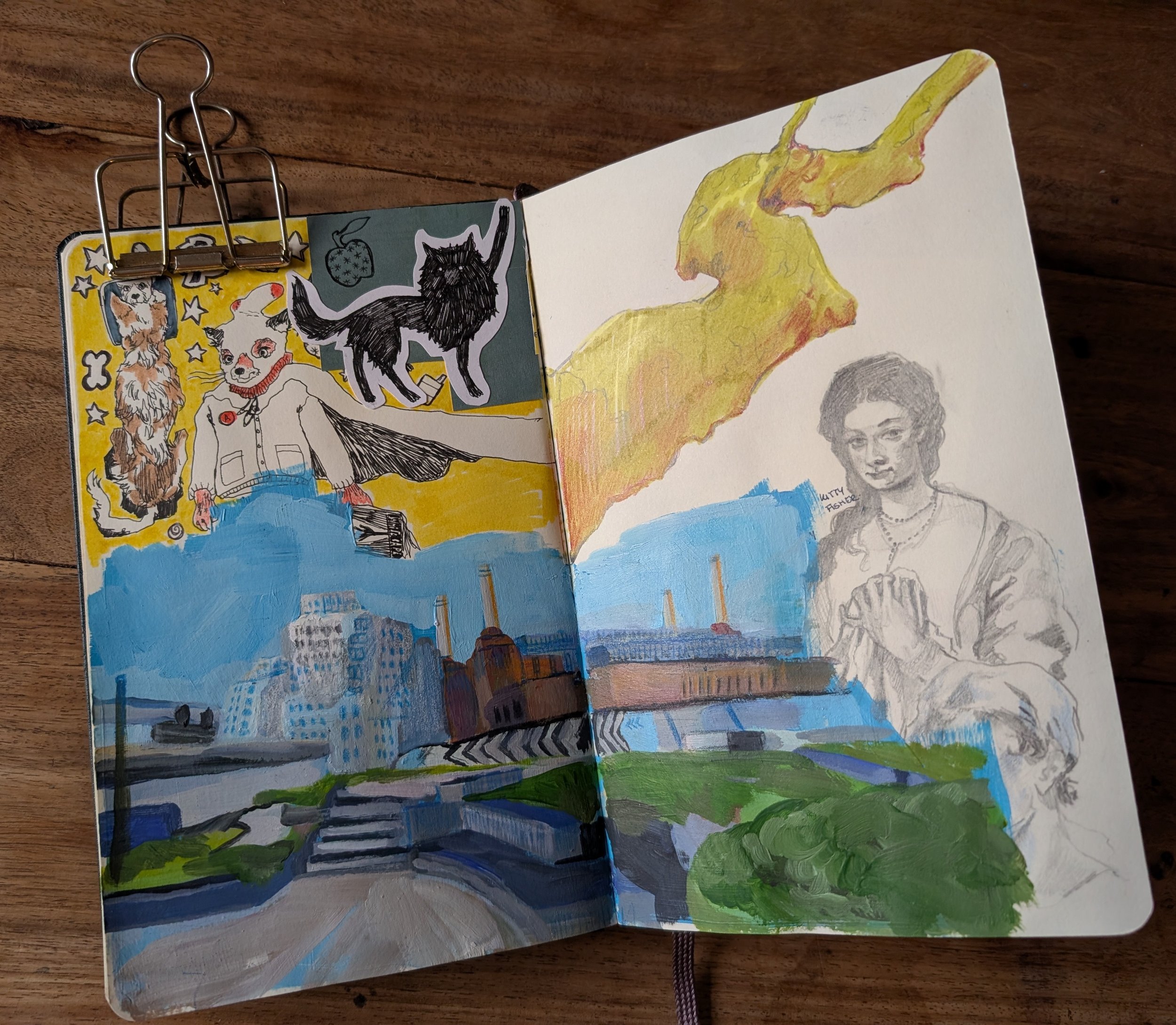 The Offending Sketchbook: features a gouache painting of a cityscape, a pencil drawing from a portrait and an illustrative pen drawing of Ash from Fantastic Mr Fox