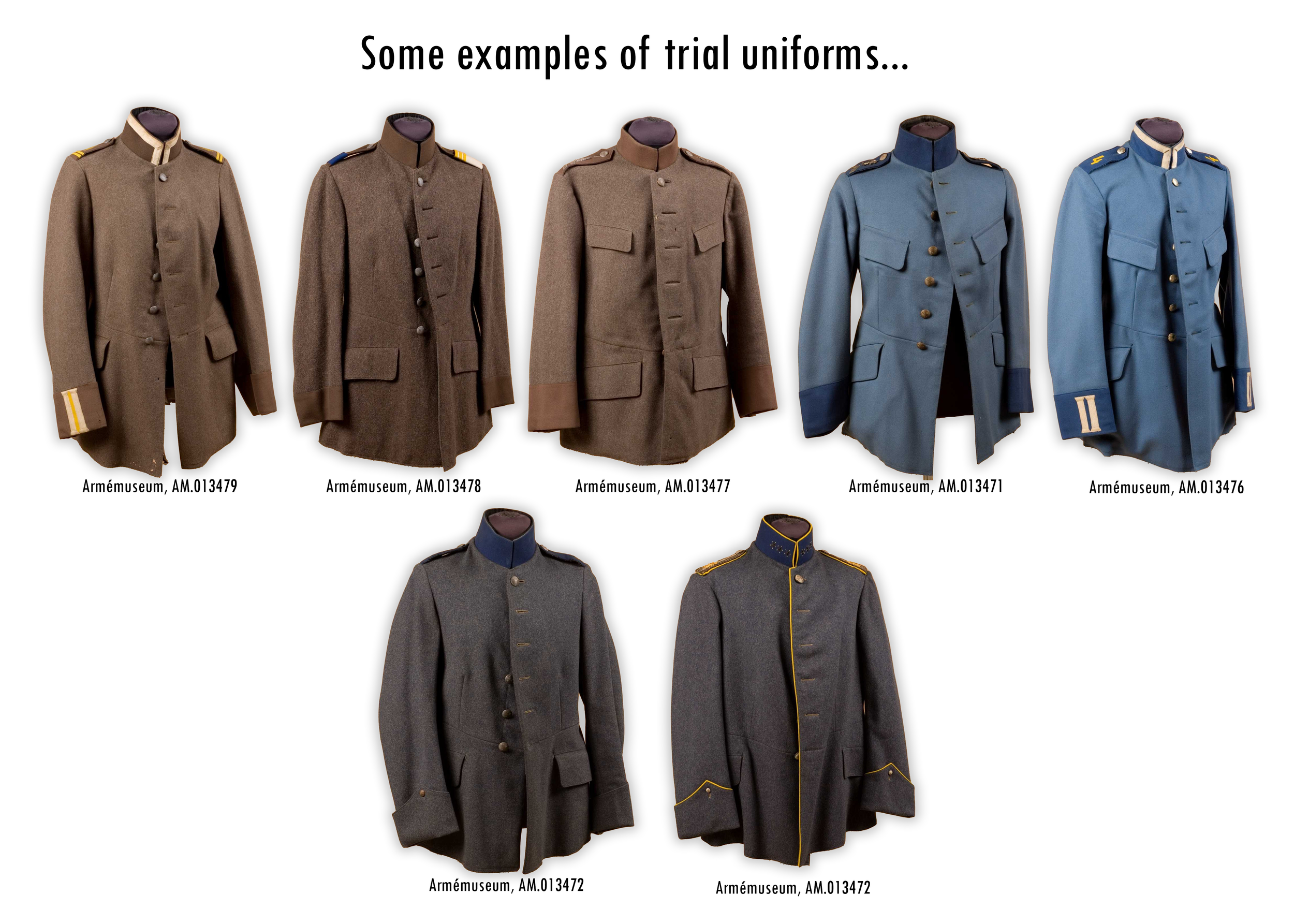 A variety of the trial uniforms tested during the 1919 uniform trials.