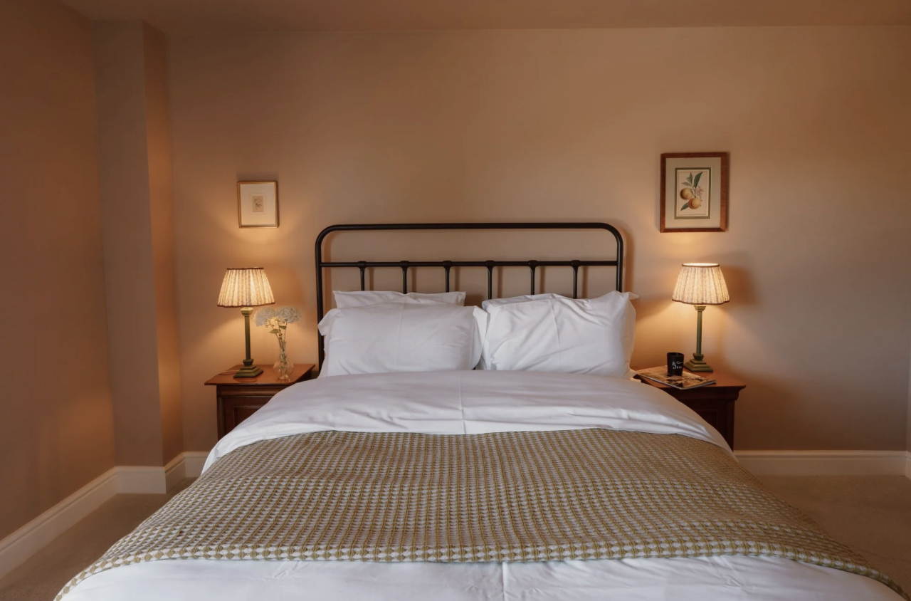 A neatly made bed with white duvet and pillows, two wooden nightstands with lamps, and framed pictures on a beige wall in a cozy bedroom.