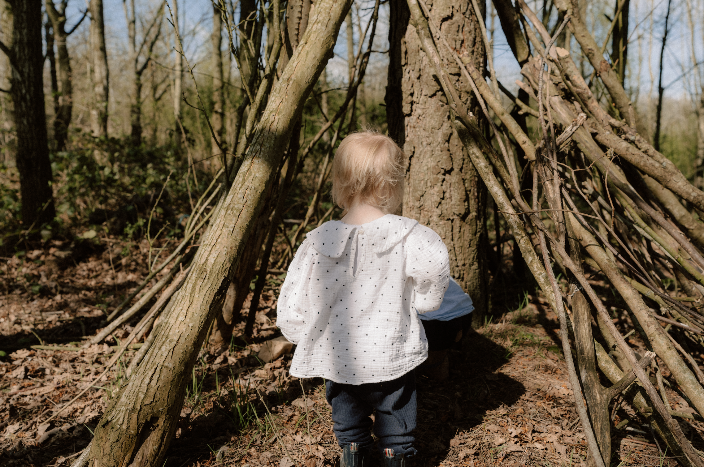 A child building a den from branches in the ancient woodland at Brook House Woods