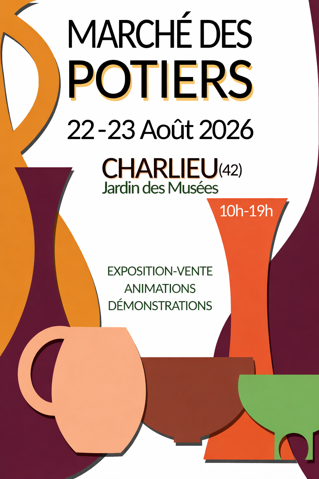 Marché des potiers à Charlieu (42) les 22 et 23 août 2026. Organisé par CAP Charlieu et piloté par D’Argiles. Exposition-vente, démonstrations et entrée libre.