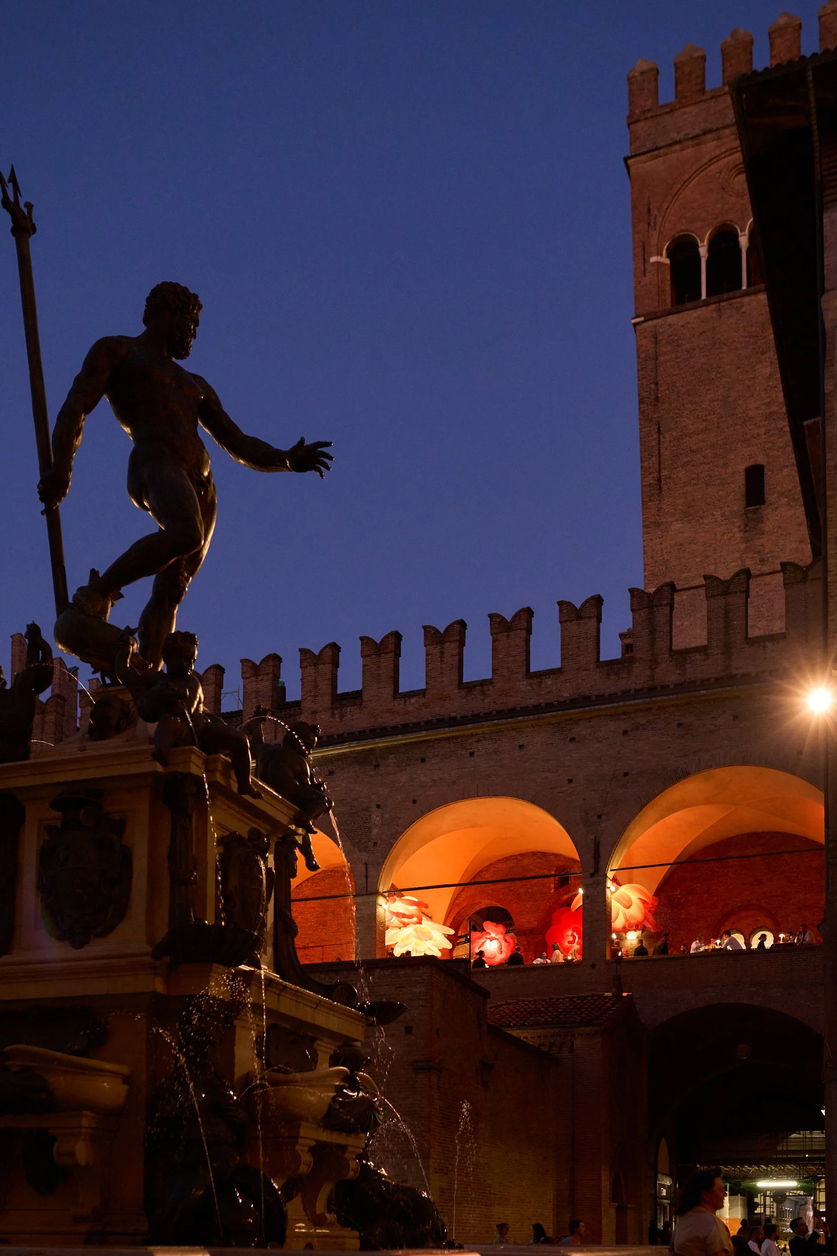 Qua Granite Cersaie closing party set up in the medieval hall of Palazzo Re Enzo, Bologna