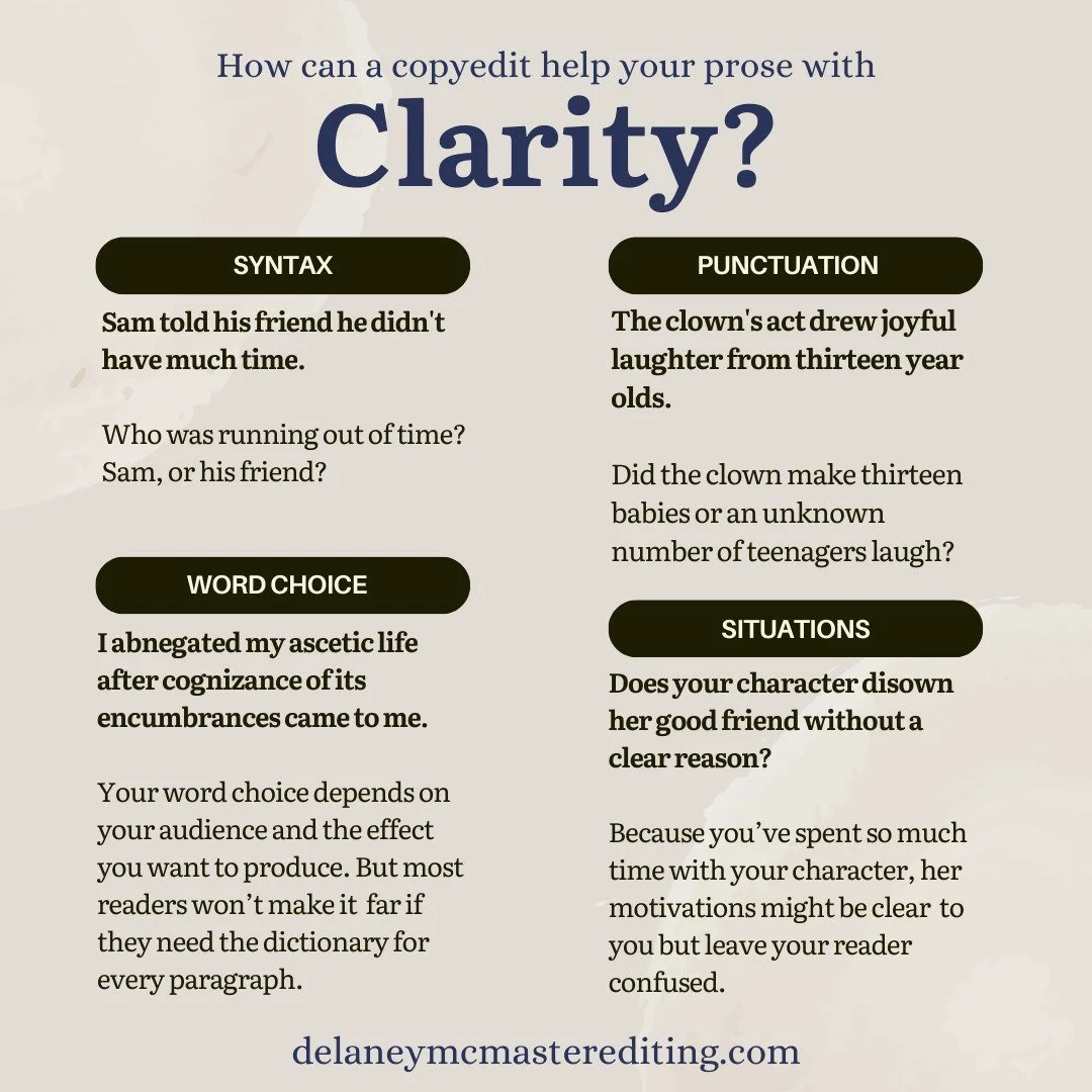 A copyeditor looks at many areas of your writing to help you express yourself clearly to your readers. #clarity #copyediting #editing #fictionediting #editor #proofreading #proofreader #delaneymcmasterediting #prose #writing #ambiguity #grammar #synt
