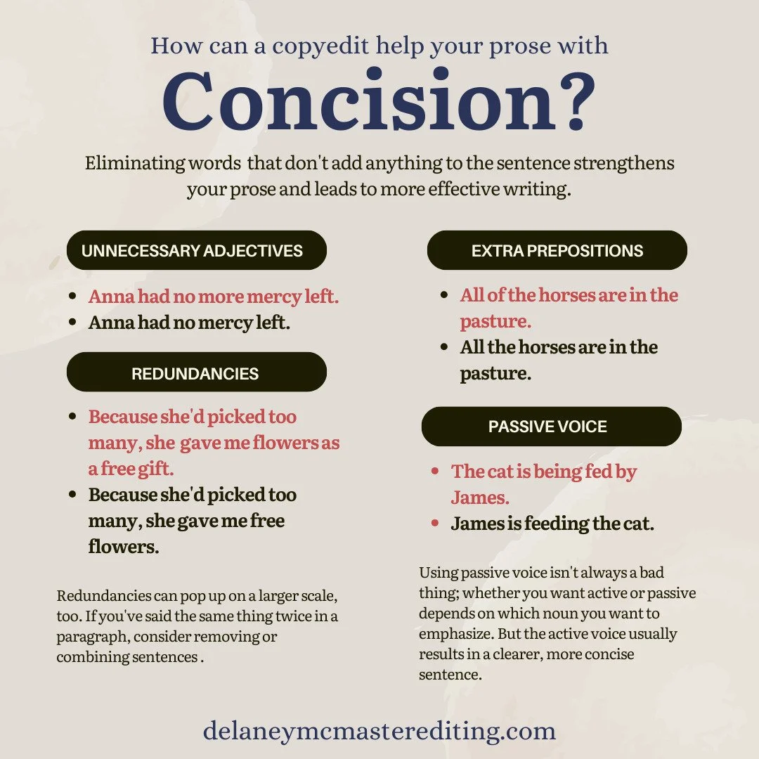 These are some examples of how a copyeditor can help you get your message across concisely. While you're writing the first drafts, you're not thinking about whether you really need an &quot;of&quot; or a &quot;that,&quot; you're just telling the stor