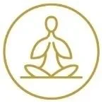 Simple line drawing of a person meditating in a lotus position inside a circle.