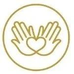 Line drawing of two hands surrounding a heart inside a circle.