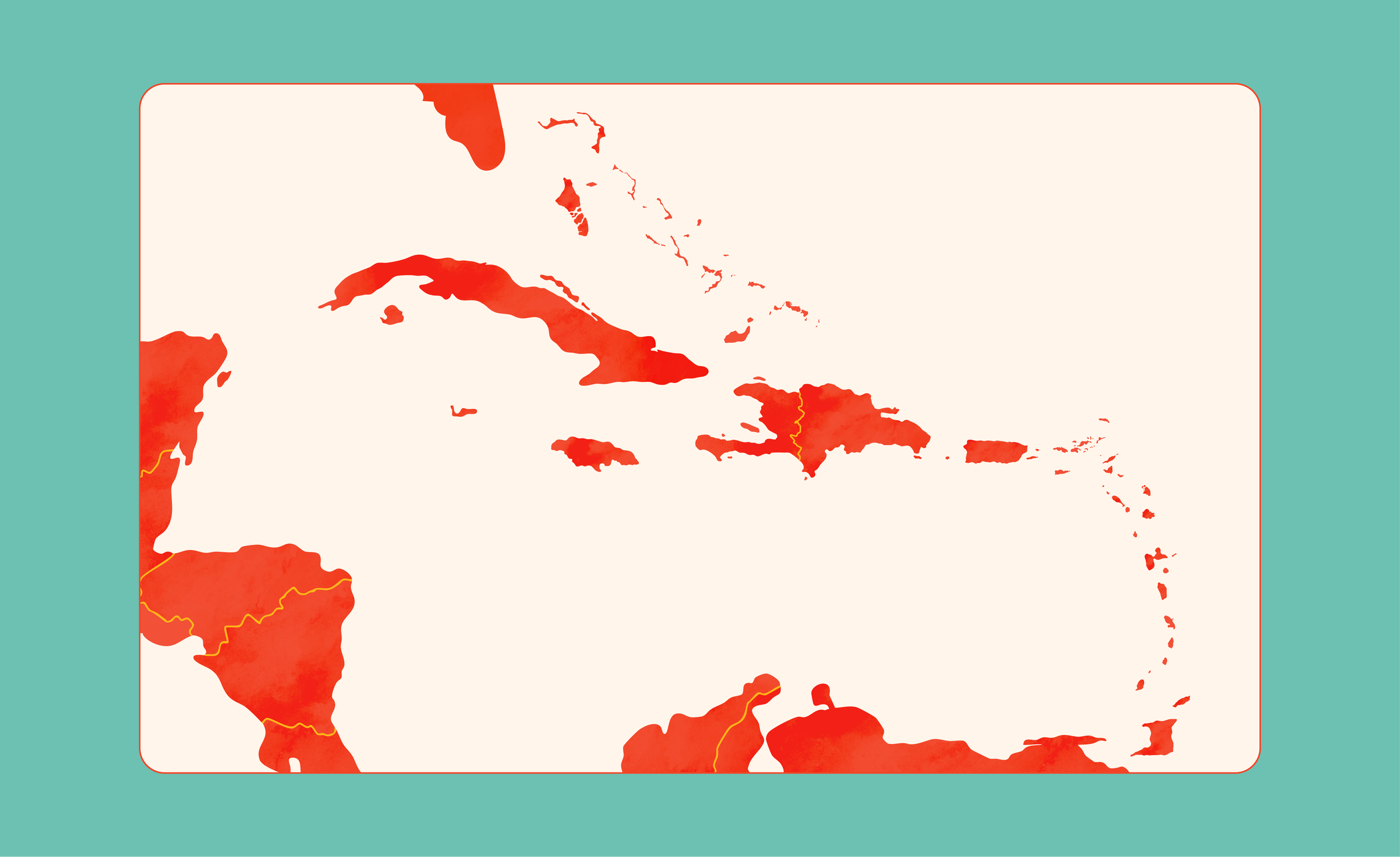 Image with a teal background and a cream rectangle outlined in orange-red, featuring a map of the Caribbean with countries colored in orange-red with a subtle watercolor texture, and division lines in yellow.
