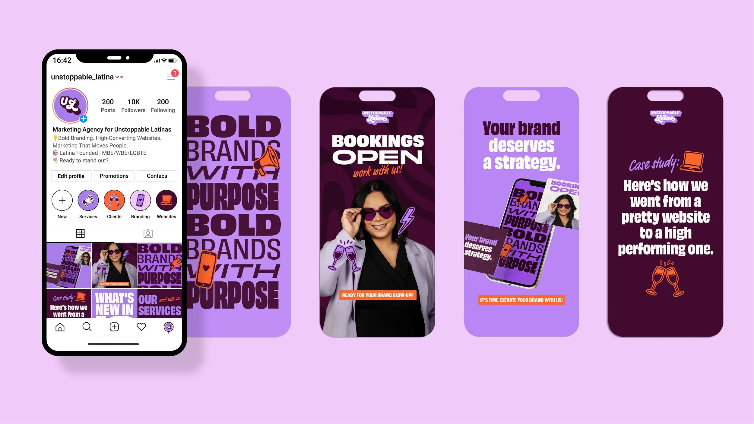 Unstoppable Latina’s social media graphics featuring a phone screen showing the brand’s Instagram page and 4 examples of posts displayed over a pink background, showcasing playful typography, photography of the founder, and branded illustrations.