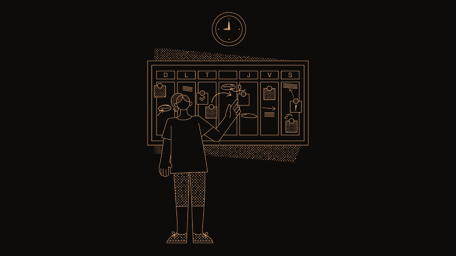 Orange-outlined illustrations on a black background representing people, communities, urban planning, education, and sustainable development in a minimal, playful Corporate Memphis style with halftone textures.