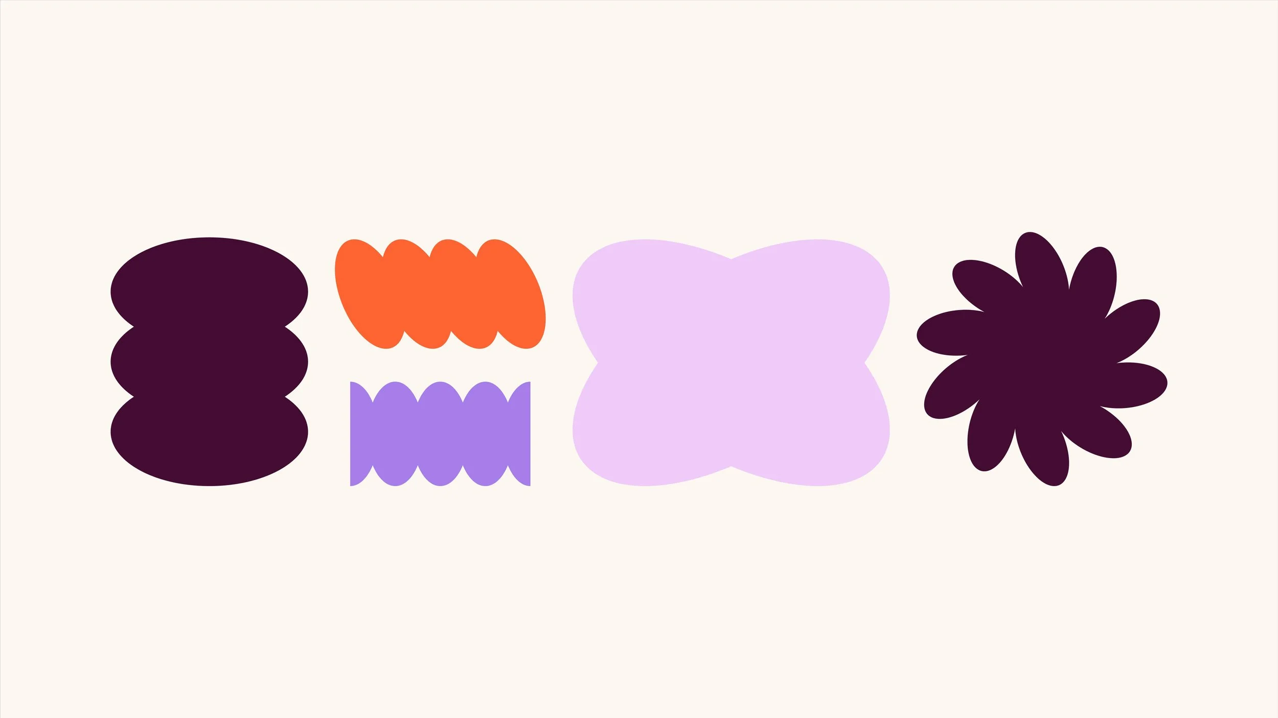 Large abstract geometric shapes in orange, purple, and off-white brand colors over a pink background, featuring bold words inside the shapes like “Cultural,” “Bold,” “Lux,” and “Dynamic.”