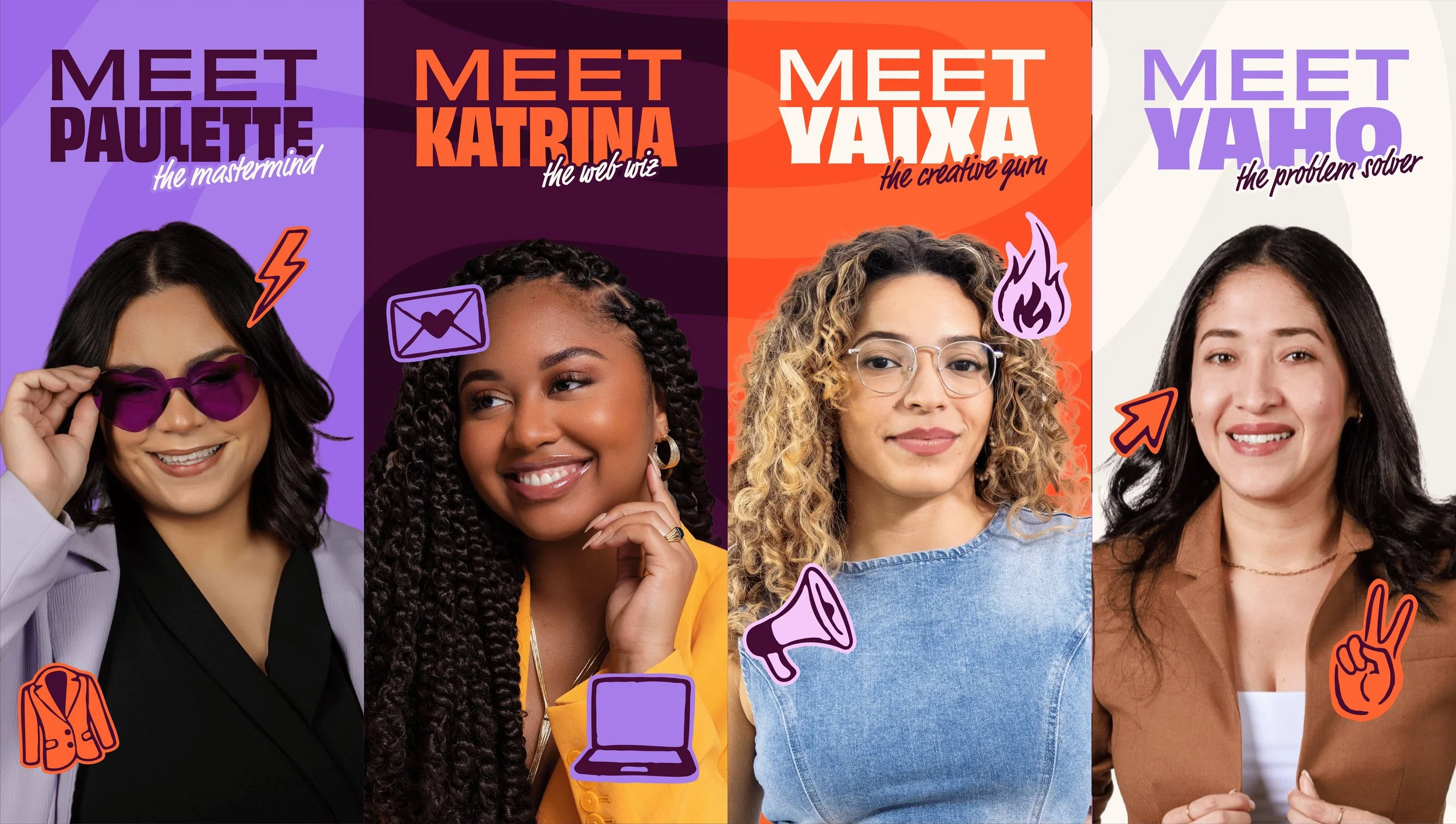 Banner showing 4 members of Unstoppable Latina’s diverse team, each shown with a photo, name, playful title, and sticker-style illustrations on violet, plum, orange, and off-white backgrounds with a subtle wavy pattern.