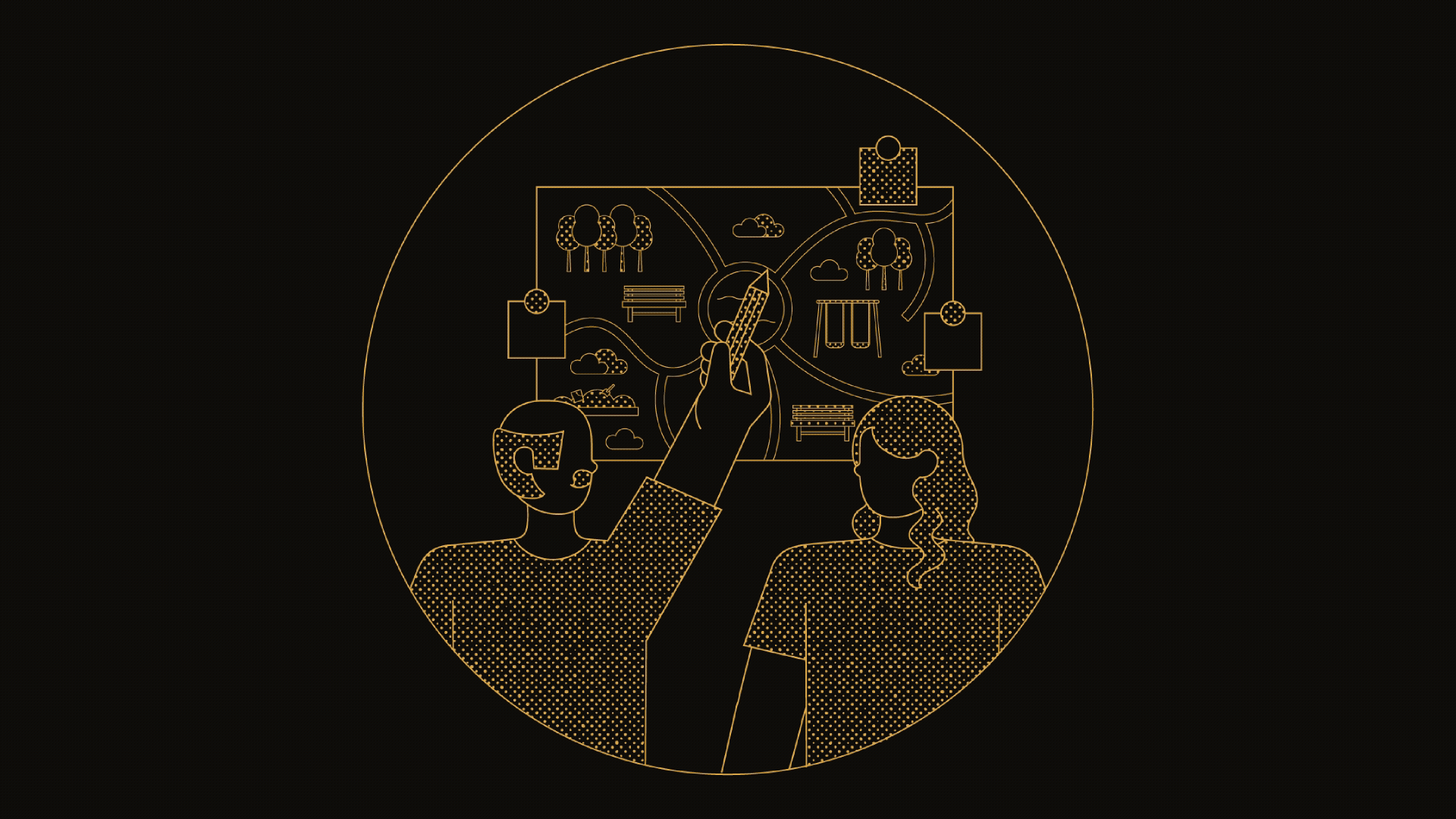 Yellow-outlined illustrations on a black background representing people, communities, urban planning, education, and sustainable development in a minimal, playful Corporate Memphis style with halftone textures.
