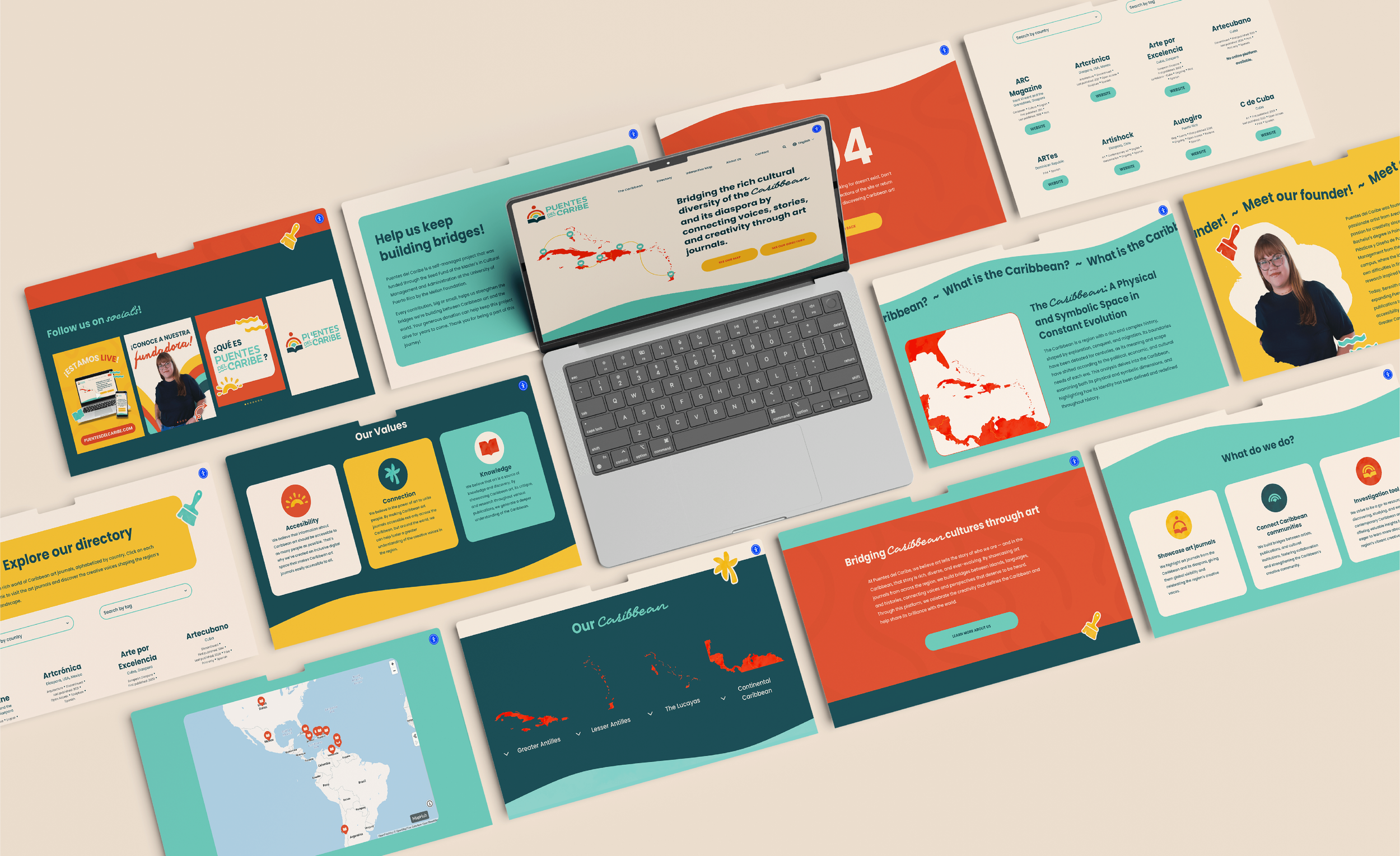 Various slide-like rectangles over a cream background with a laptop at an angle in the center, showing multiple pages of Puentes del Caribe’s on-brand website in yellow, orange-red, teal, dark teal, and cream colors.