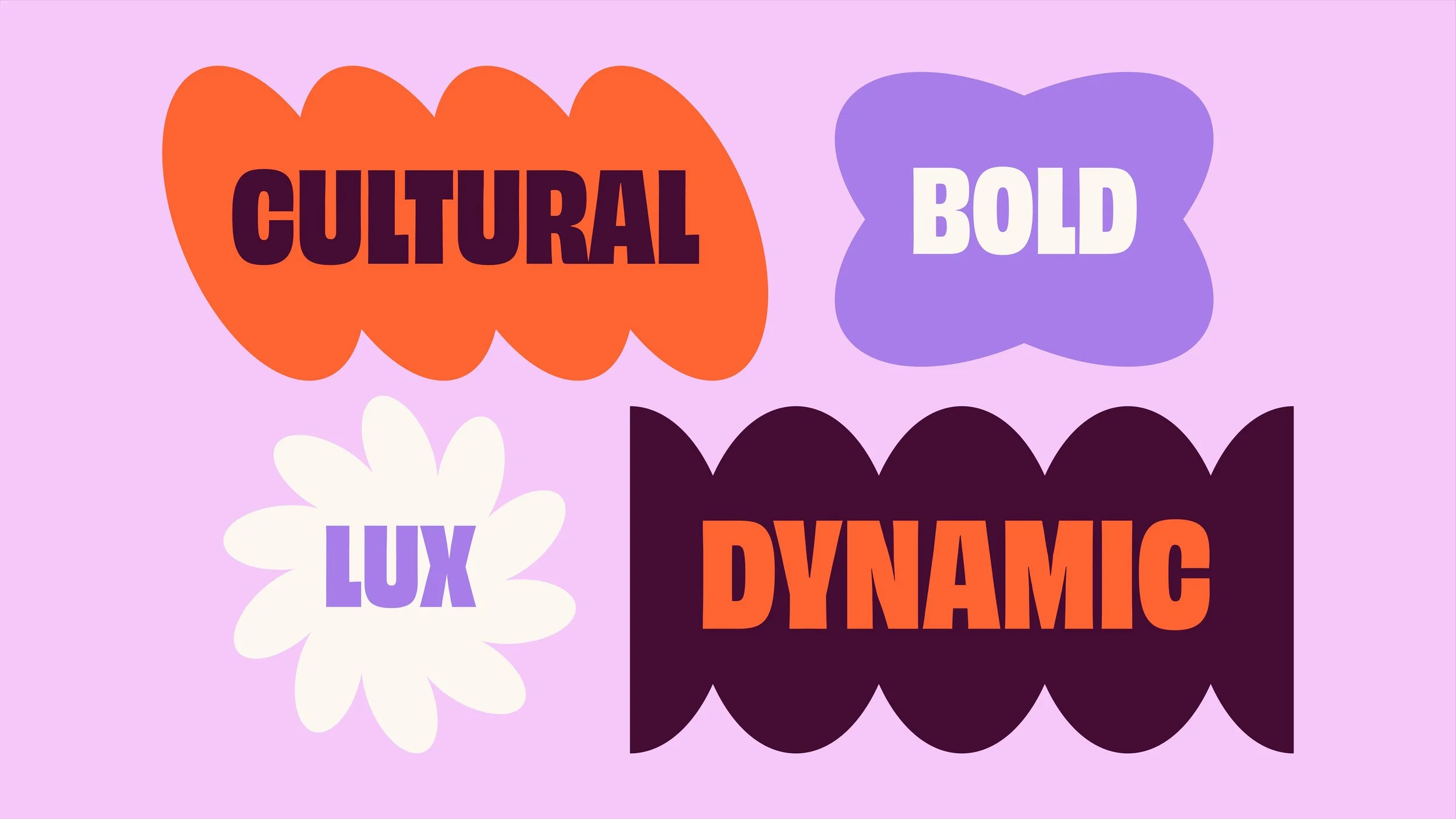 Large abstract geometric shapes in orange, purple, and off-white brand colors over a pink background, featuring bold words inside the shapes like “Cultural,” “Bold,” “Lux,” and “Dynamic.”