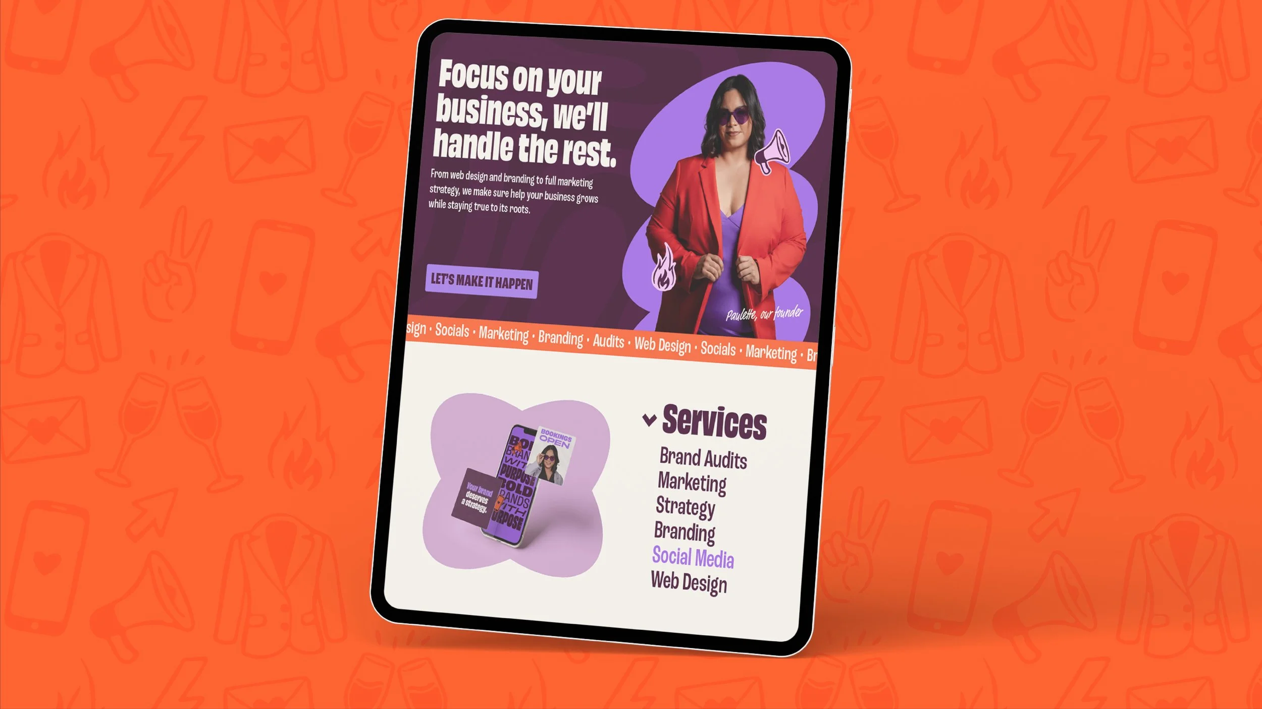 Tablet on an orange background with illustrated marketing icons, showing Unstoppable Latina’s modern, playful on-brand website with a summary of the brand’s mission, a photo of the founder, and on-brand elements and graphics.