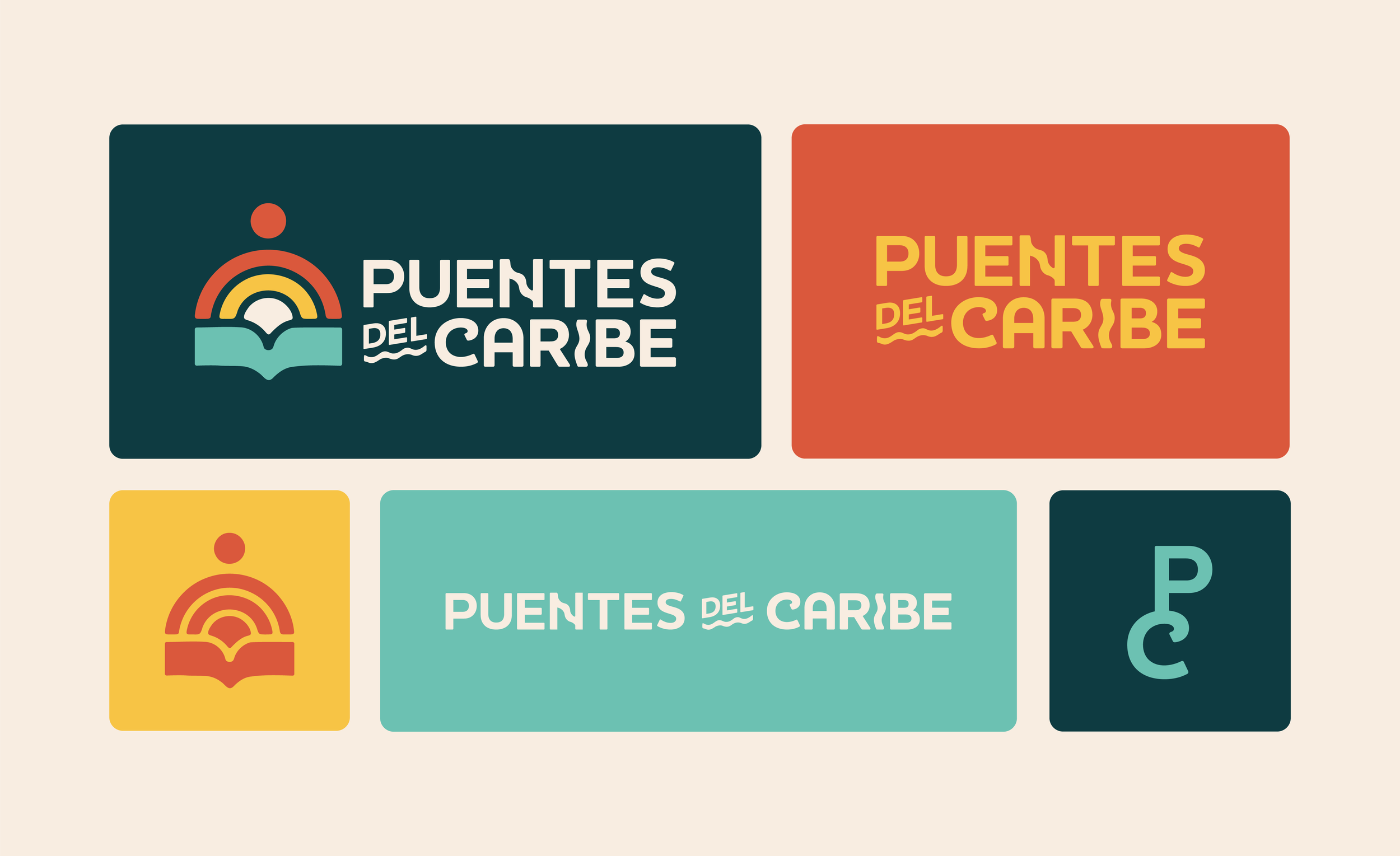 Image showing Puentes del Caribe’s full logo suite in yellow, orange-red, teal, dark teal, and cream, displaying the logo in different sizes, types, and formats to demonstrate scalability.
