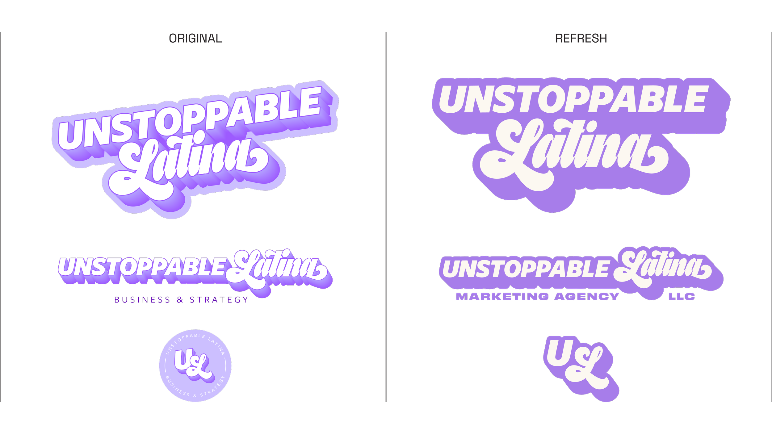 Comparison of Unstoppable Latina’s logos: original angled white font with purple gradient 3D shadow and lilac borders on the left; refreshed straightened off-white font with solid violet pop shadow and thick borders on the right.