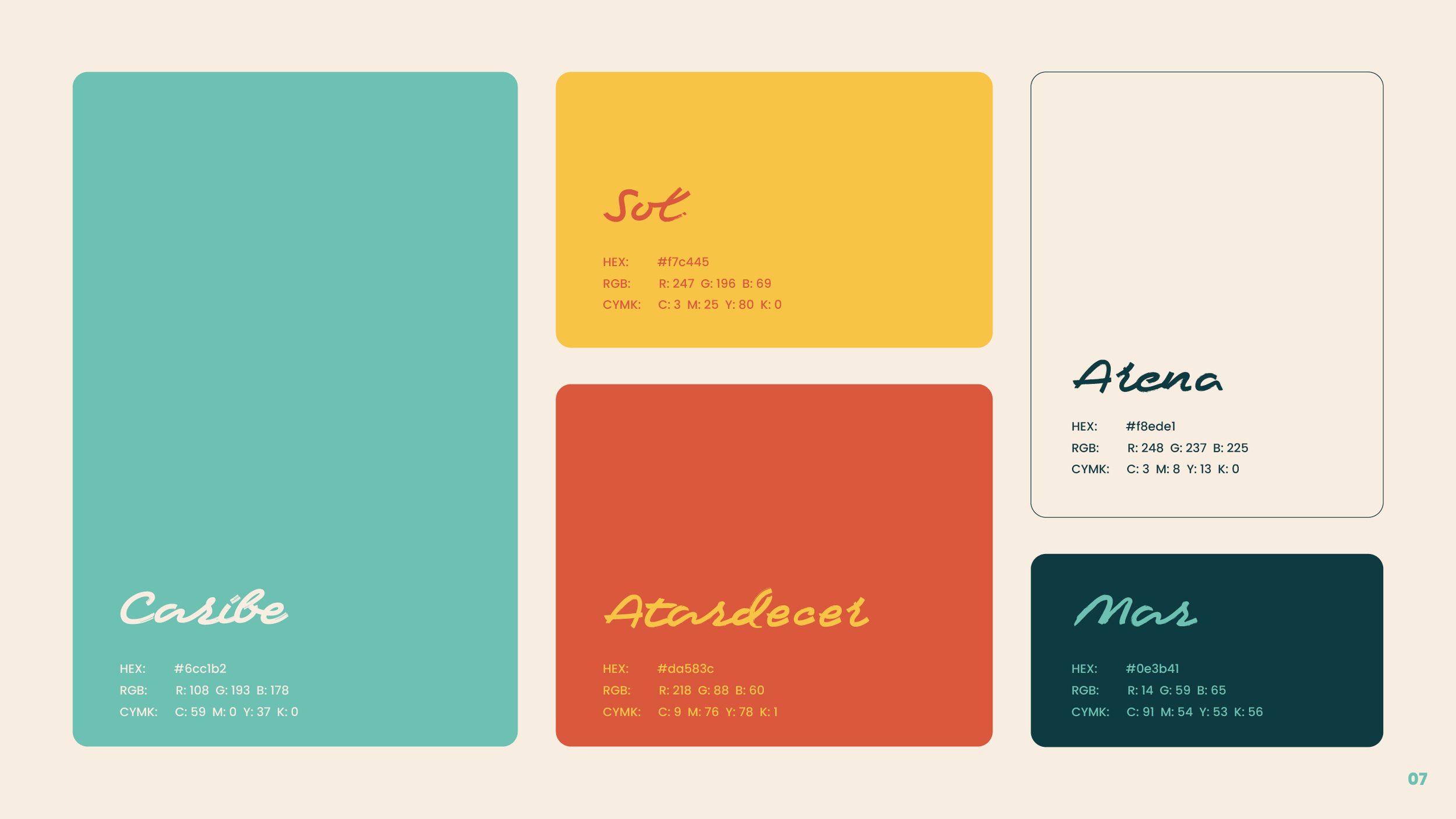 Graphic showing Puentes del Caribe’s brand colors with their names and codes: Caribe (teal), Sol (yellow), Atardecer (orange-red), Arena (cream), and Mar (dark teal).