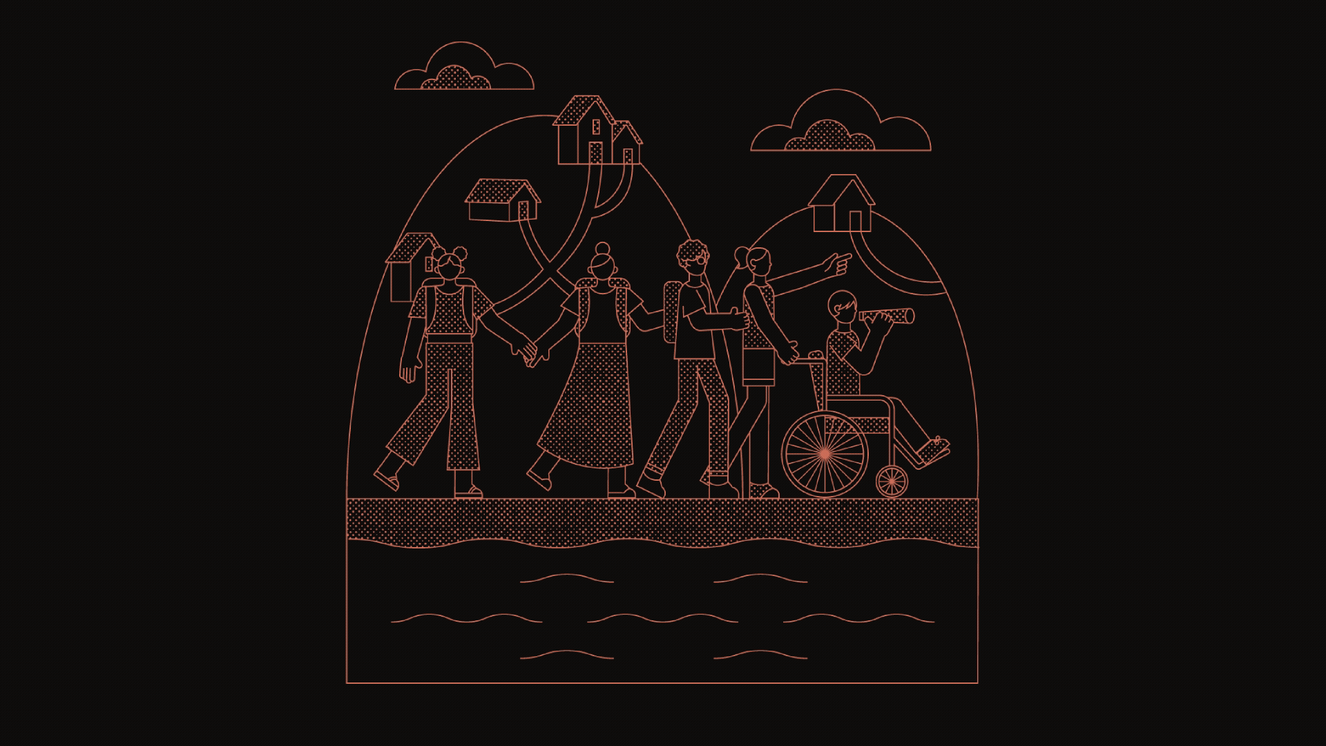 Red-outlined illustrations on a black background representing people, communities, urban planning, education, and sustainable development in a minimal, playful Corporate Memphis style with halftone textures.