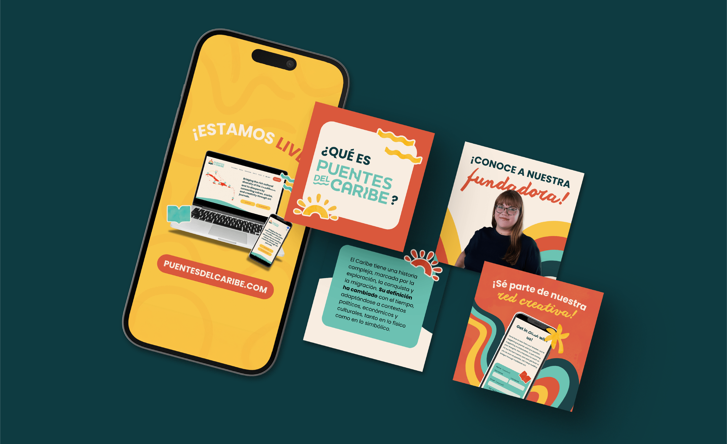 Mobile device on the left with four angled floating squares next to it, each displaying Puentes del Caribe’s vibrant on-brand social media graphics in yellow, orange-red, teal, and cream colors over a dark teal background.