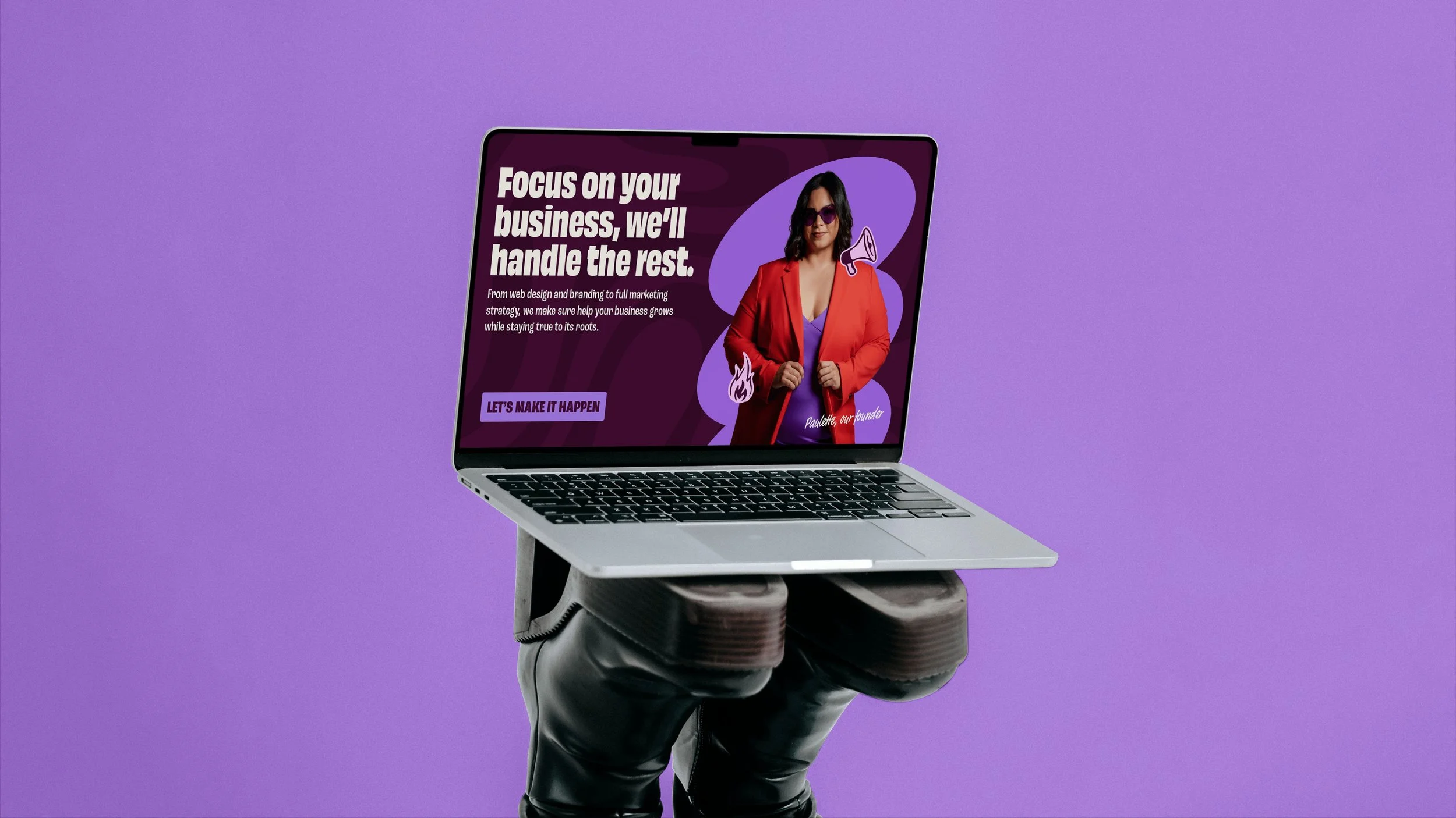 Black boots holding a grey laptop at an angle on a purple background, showing Unstoppable Latina’s website with a clean, playful design, brand elements, a summary of their mission and services, and a photo of the founder.