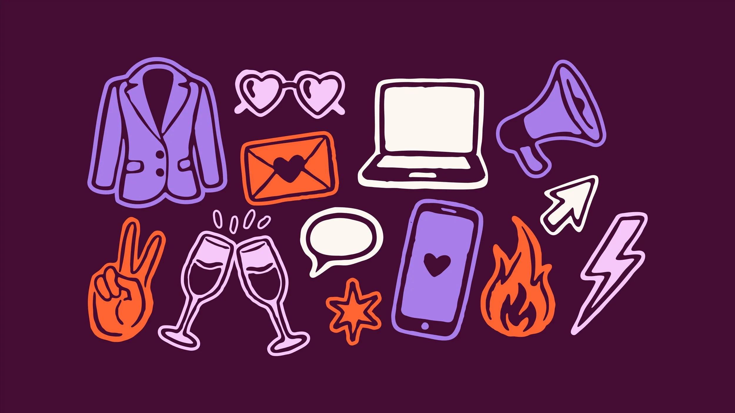 Hand-drawn marketing and lifestyle illustrations and icons in violet, pink, orange, and off-white on a plum background, including a blazer, megaphone, sunglasses, mail, laptop, drinks, lightning bolt, fire, cursor, and speech bubble.