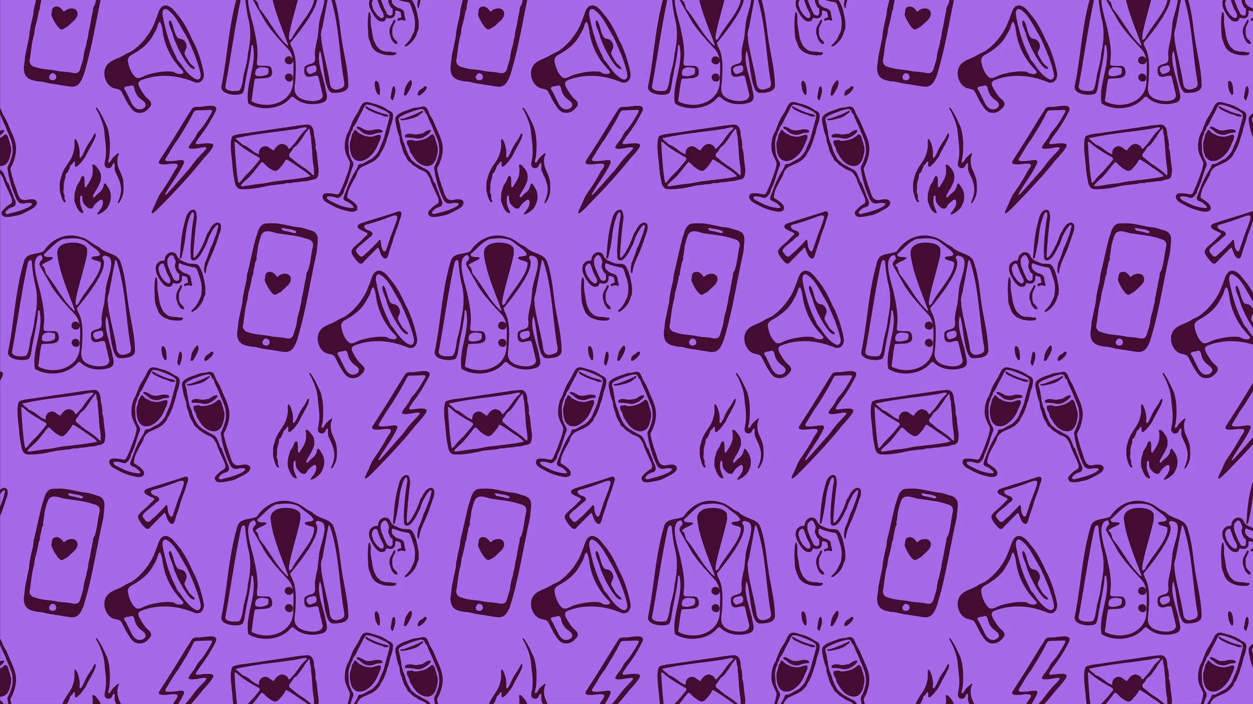 Hand-drawn marketing and lifestyle icons outlined in plum on a violet background, including a blazer, megaphone, sunglasses, mail, laptop, drinks, lightning bolt, fire, cursor, and speech bubble, arranged in a playful pattern.