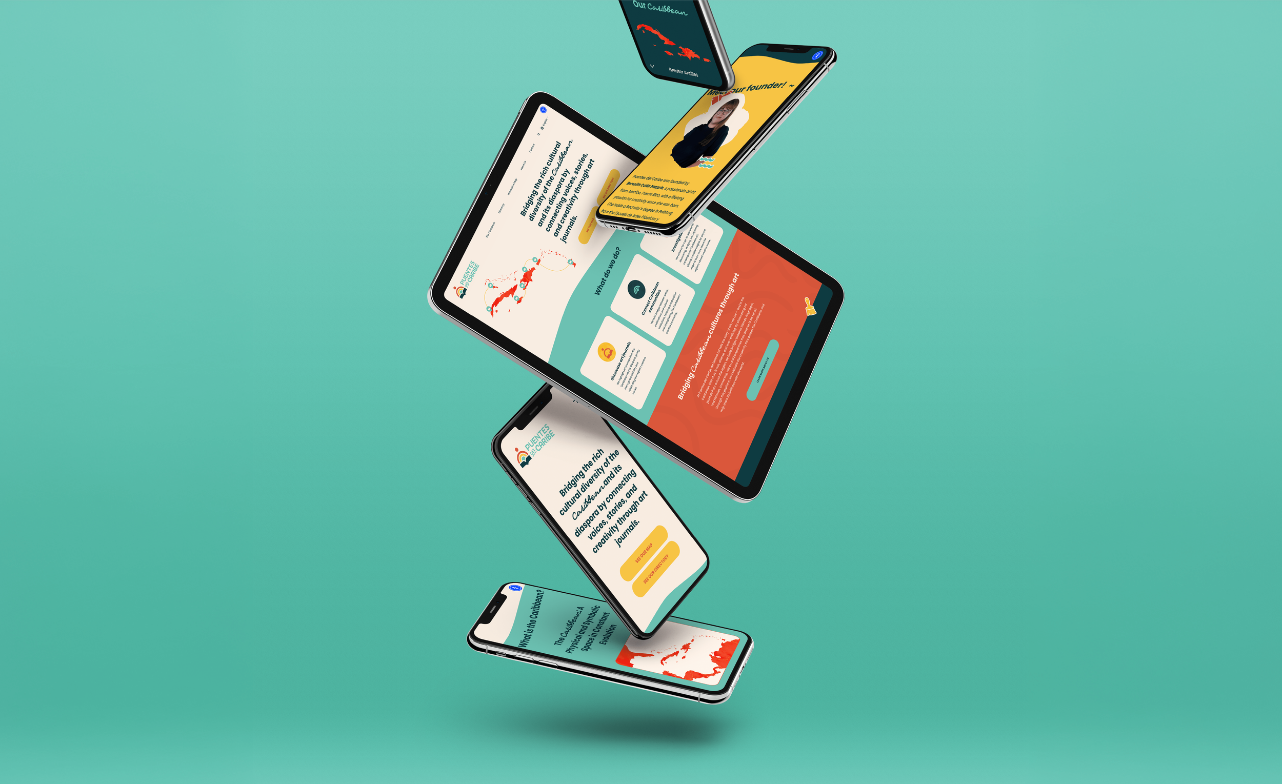 Various electronic devices appearing to fall or float in a straight line over a teal background, each screen showing different pages of Puentes del Caribe’s vibrant on-brand website in yellow, orange-red, teal, dark teal, and cream colors.