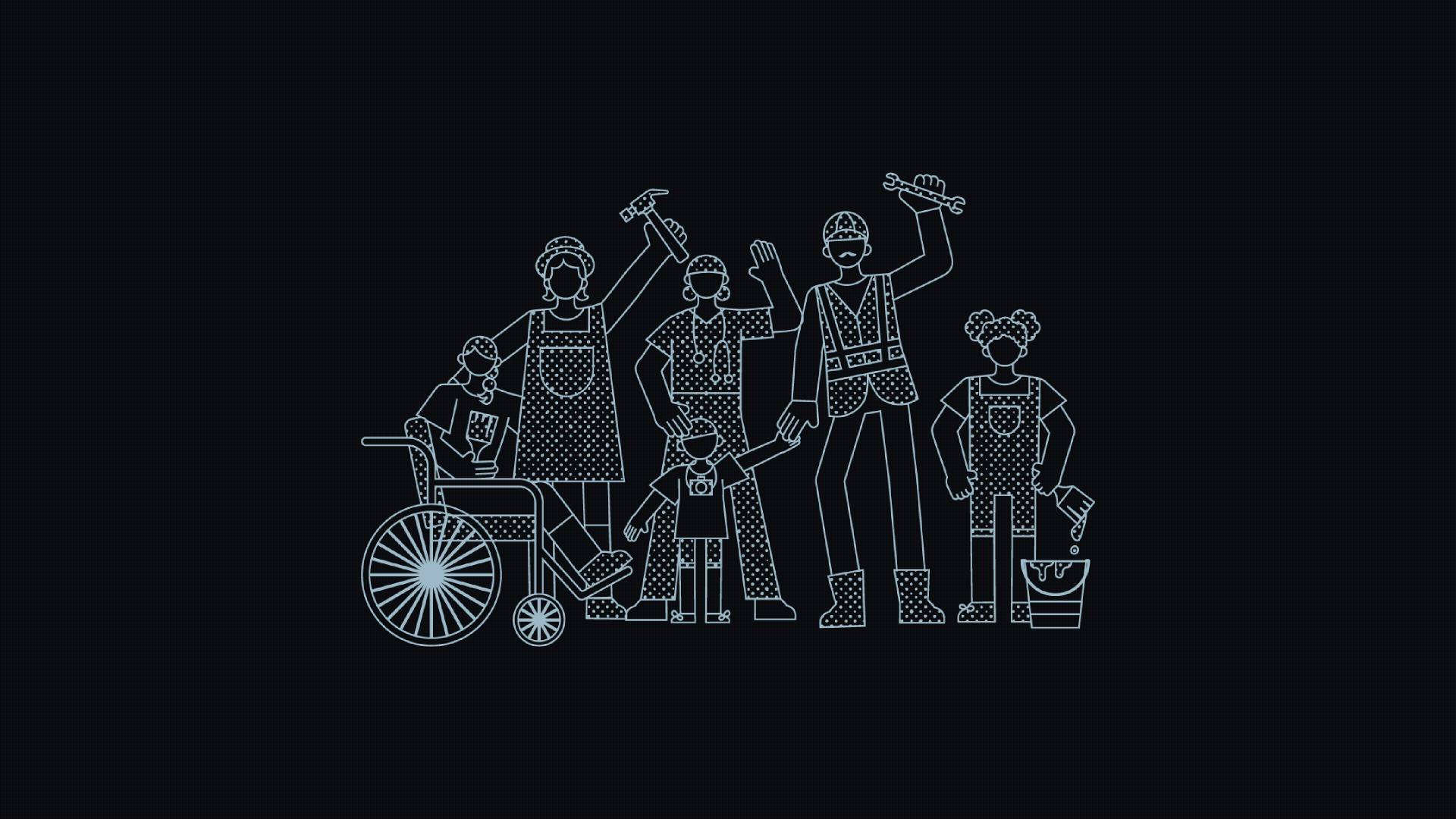 Blue-outlined illustrations on a black background representing people, communities, urban planning, education, and sustainable development in a minimal, playful Corporate Memphis style with halftone textures.