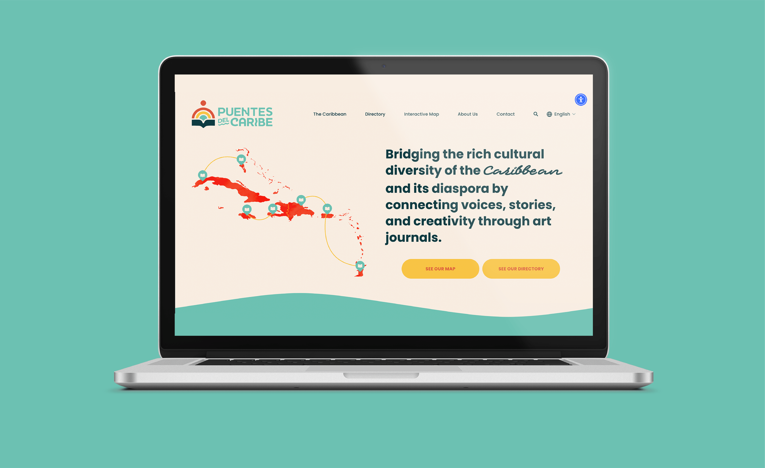 Front view of an open laptop over a teal background displaying Puentes del Caribe’s on-brand website homepage in yellow, orange-red, teal, dark teal, and cream colors.