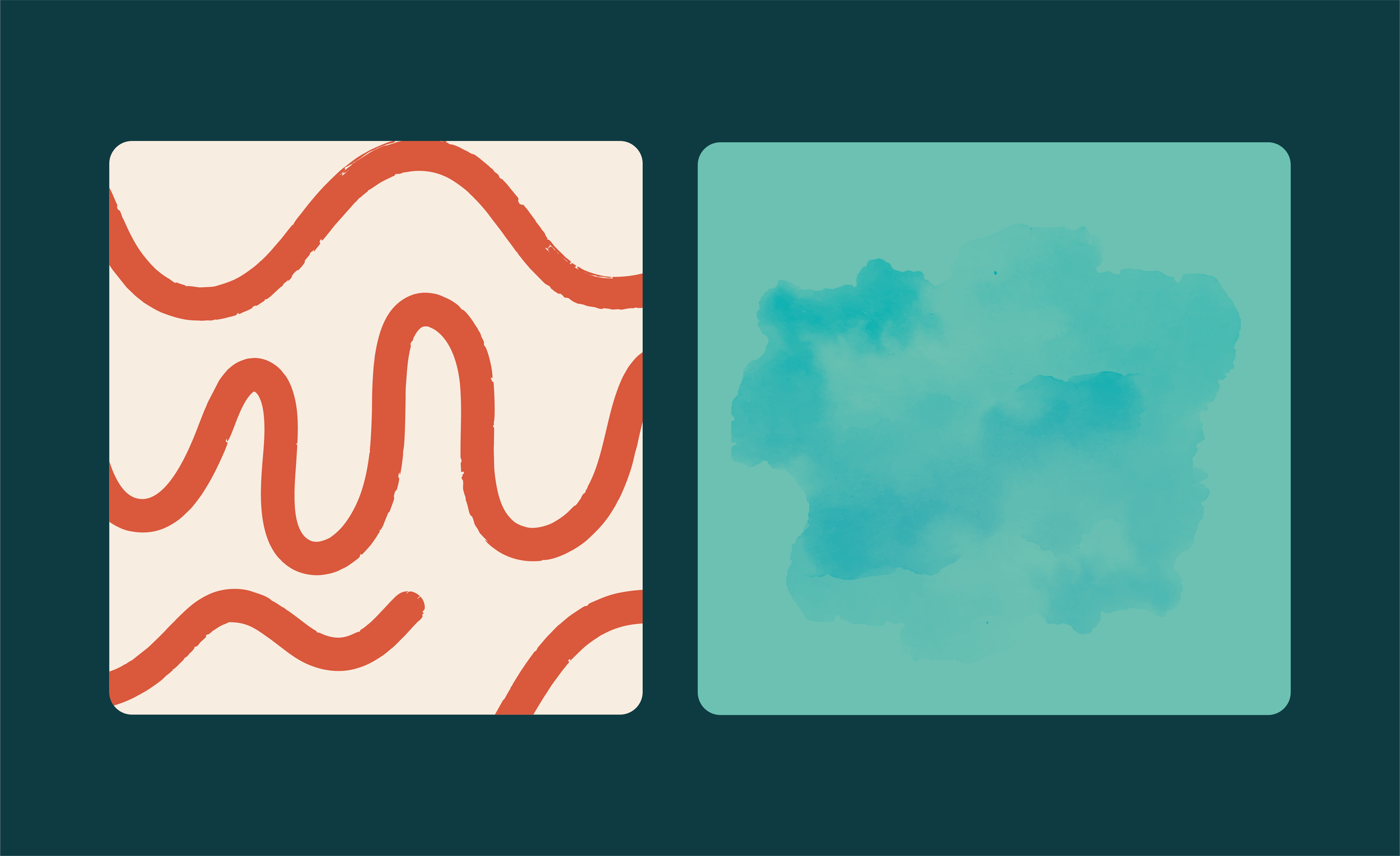 Image showing two patterns inside squares on a dark teal background: one with orange-red hand-drawn squiggly lines over a cream background, and the other with a subtle watercolor texture over a teal background.