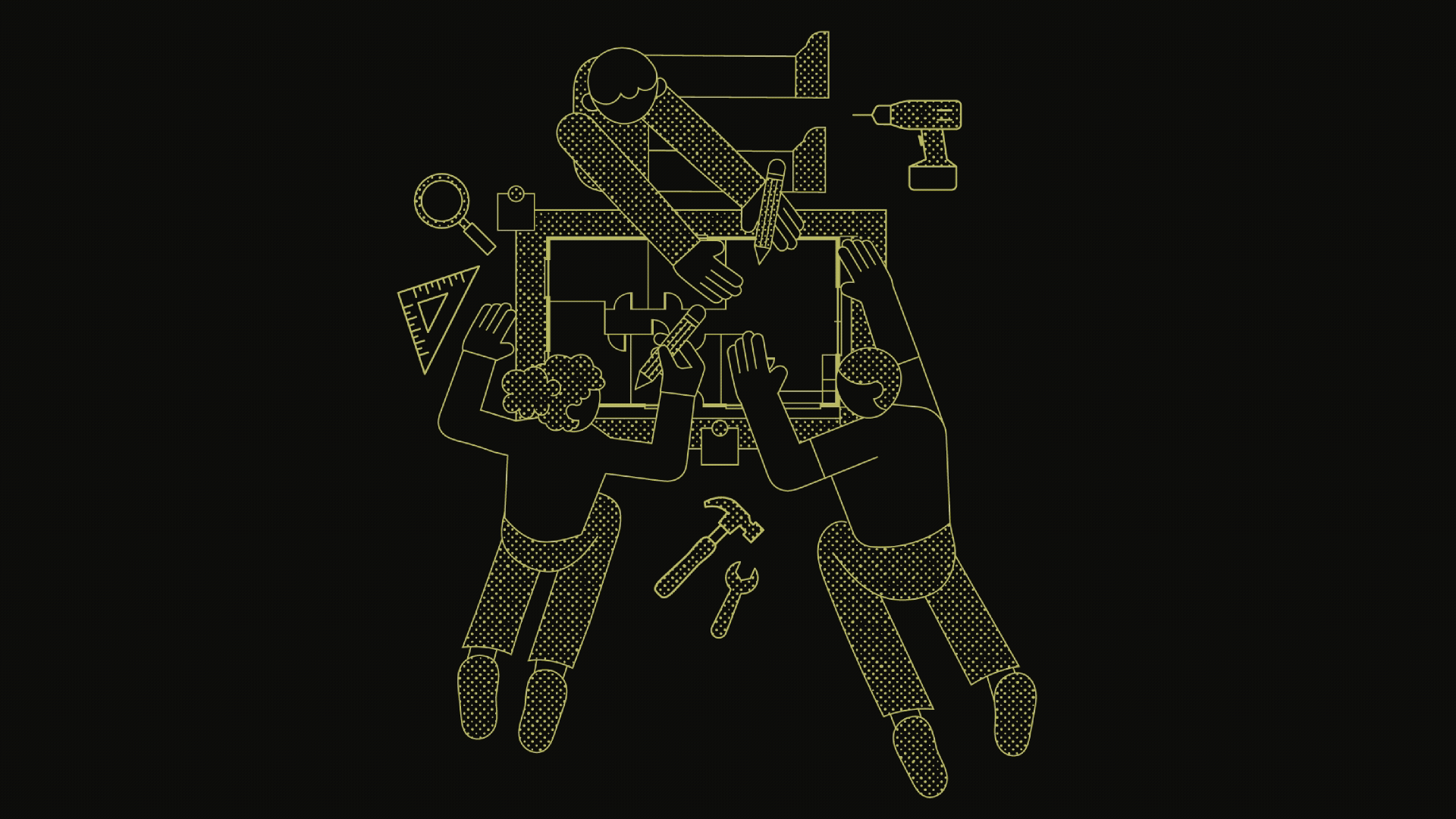 Green-outlined illustrations on a black background representing people, communities, urban planning, education, and sustainable development in a minimal, playful Corporate Memphis style with halftone textures.