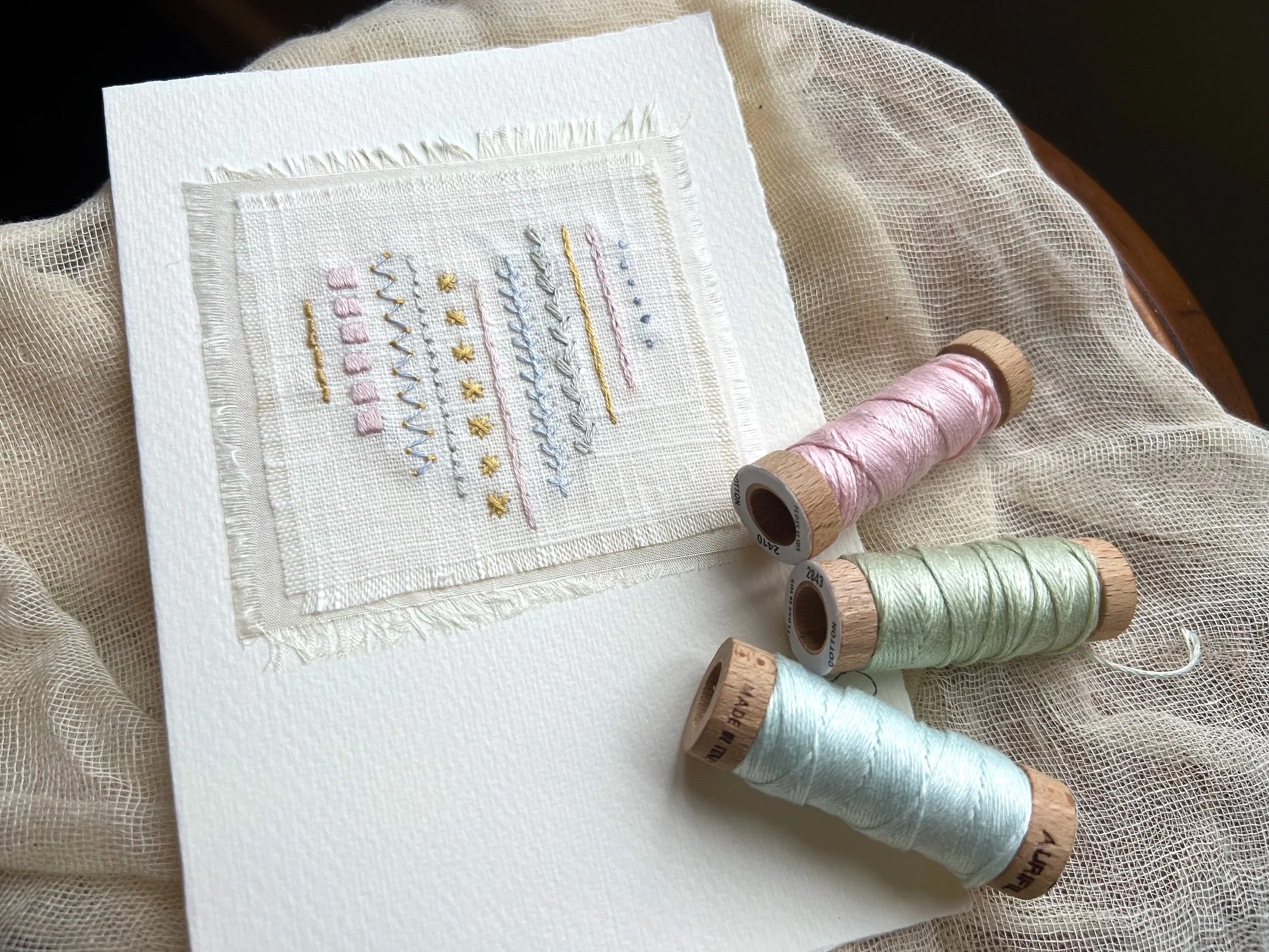 A completed heart stitch sampler embroidery kit greeting card - beautiful hand made card for someone special