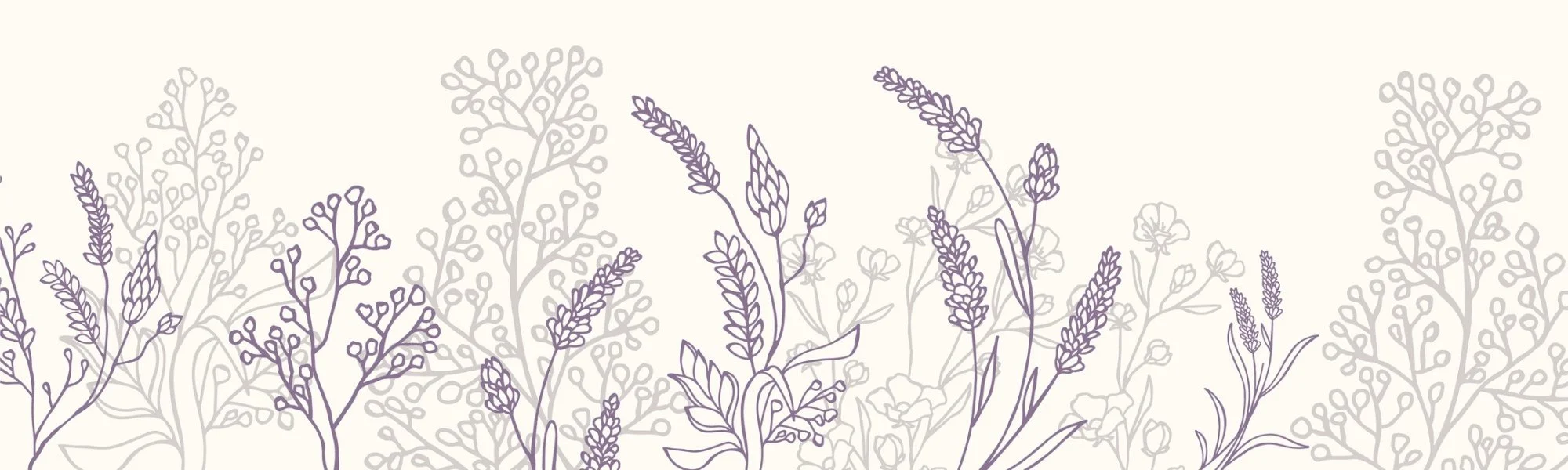 Illustrated background of lavender and wildflowers in purple and gray shades.